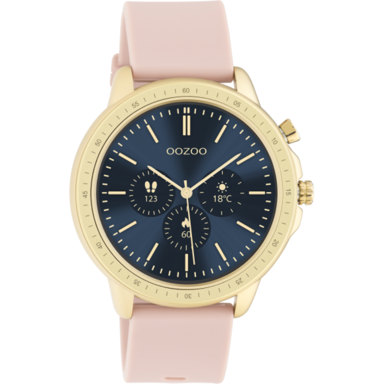 De horloges van deze digitale collectie hebben een rond design en originele OOZOO wijzerplaten. Deze unisex smartwatch is de slimme oplossing voor iedereen. De goud kleurige horlogekast, sterke zacht roze rubber horlogeband en IP67 certificering maken dit