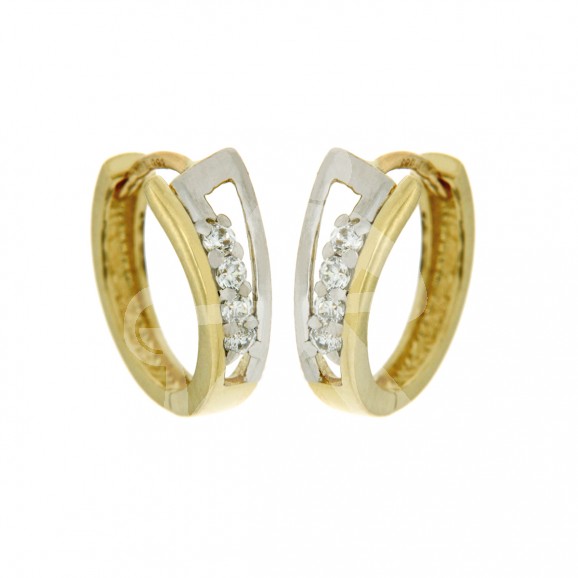Creool met klapsluiting en zirkonia
14 karaat bicolorgoud
Diameter: 13 mm
Gewicht: ca. 2,10 gram