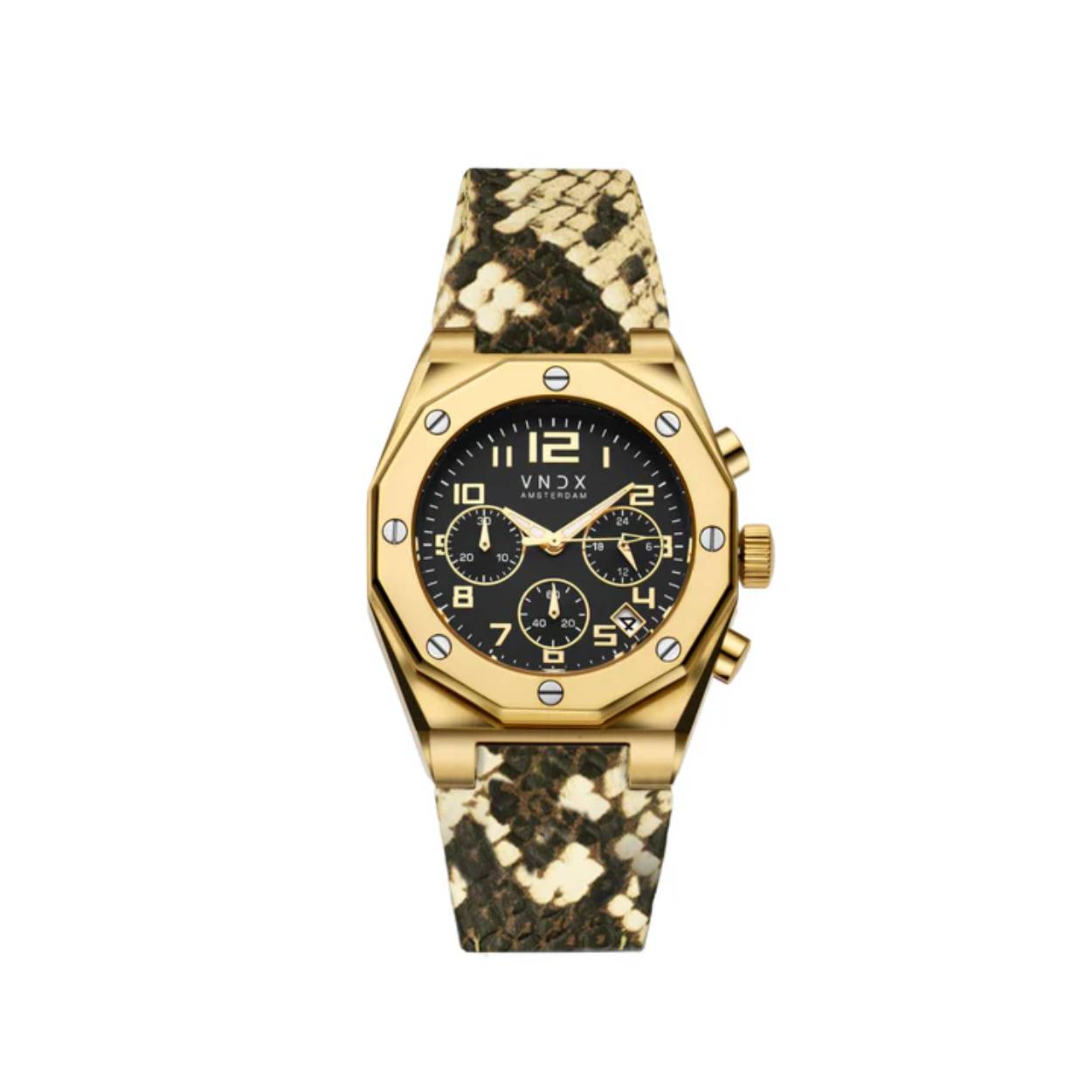 Maak een statement met The One Snake Goud Zwart van VNDX Amsterdam. Dit horloge combineert tijdloze elegantie met hoogwaardige materialen, luxe details en een opvallende leren band met snakeprint. De gouden kast en de verfijnde zwarte wijzerplaat vormen een perfecte balans tussen stijl en eenvoud, terwijl de unieke band een gedurfde en moderne twist toevoegt. Een veelzijdig horloge dat zowel dagelijks als bij speciale gelegenheden indruk maakt.

Waarom je The One moet hebben:

Krasbestendig saffierglas: Altijd een heldere wijzerplaat, zelfs bij dagelijks gebruik.
Lichtgevende wijzers: Voor zichtbaarheid, zelfs in het donker.
Leren band met snakeprint: Comfortabel en stijlvol, voor een onderscheidende look.
Waterdicht tot 10 ATM: Geschikt om mee de grachten in te springen.
Met The One Snake Goud Zwart draag je niet alleen de tijd, maar maak je een statement van luxe, stijl en karakter. Voeg dit iconische horloge vandaag nog toe aan je collectie!