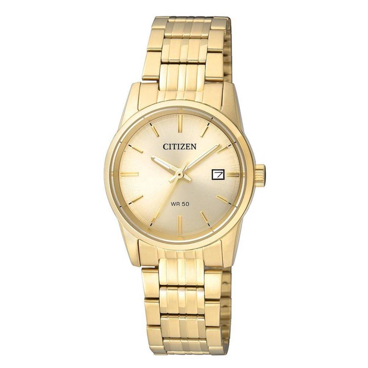 Dit Seiko horloge heeft referentienummer: EU6002-51P

Dit goudkleurige Seiko horloge heeft een stalen kast en band. De goudkleurige wijzerplaat is afgewerkt met goudkleurige indexen en wijzers en een datumvenster op 3-uur.