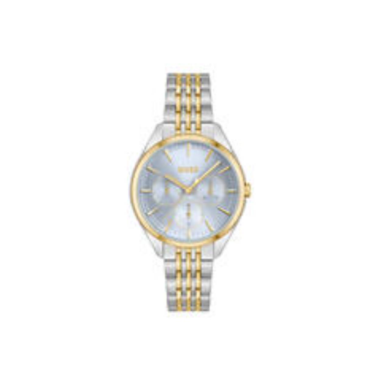 BOSS by Hugo Boss bicolor bracelet horloge met subtiele zirkonia in de kast en een pastel violet wijzerplaat.Voorzien van dag en datum.
