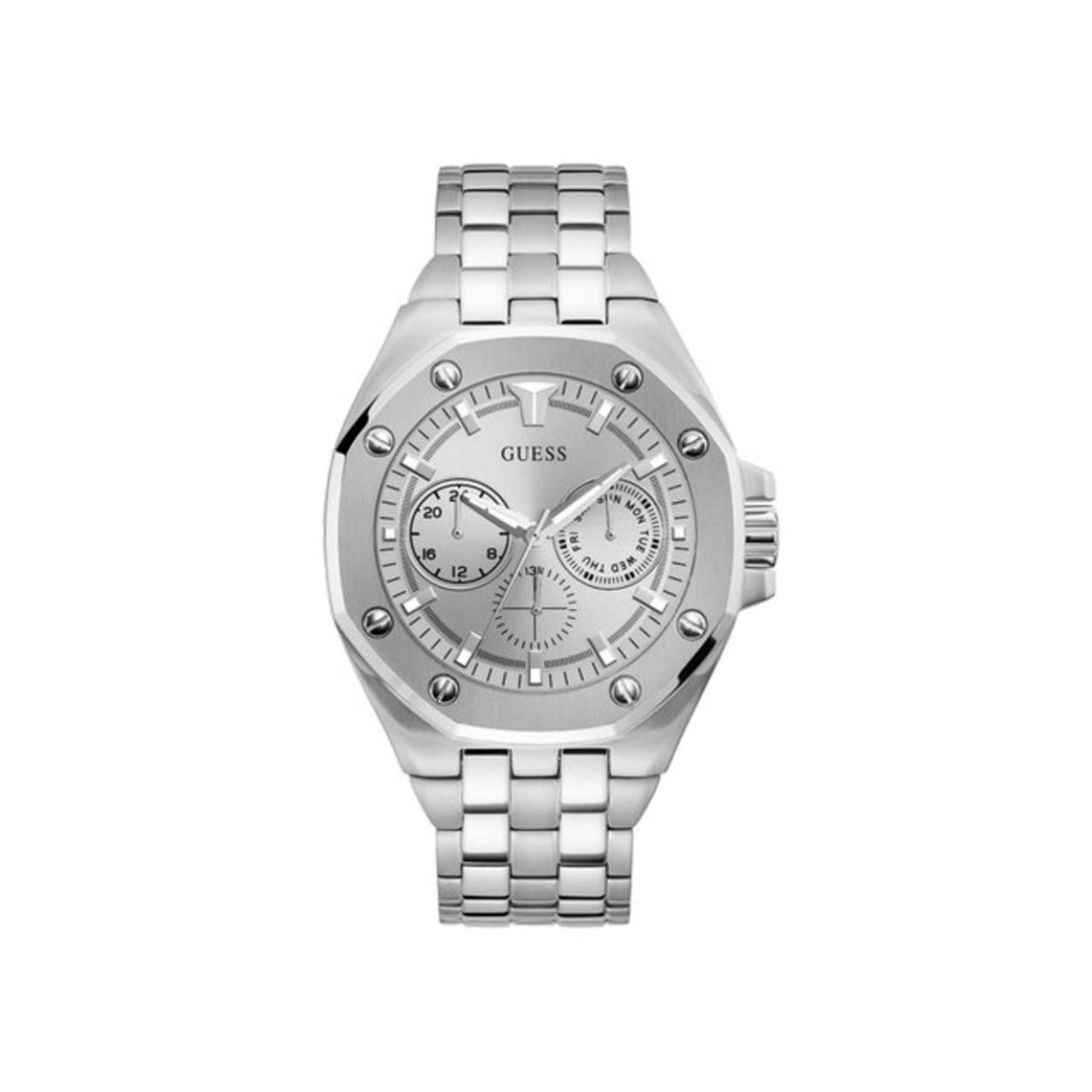 Classic meets modern in dit GUESS heren horloge Top Gun. Dit horloge heeft een prachtige chronolook van 46 mm met een kast van roestvrij staal en schakelband. De wijzerplaat heeft de volgende afleesfuncties, dag, datum en 24 uursaanduiding, de ogen zijn voorzien van zilverkleurige accenten en de wijzer zijn voorzien van Super-Luminova coating. De waterdichtheid is 5 ATM. Model: GW0278G1.