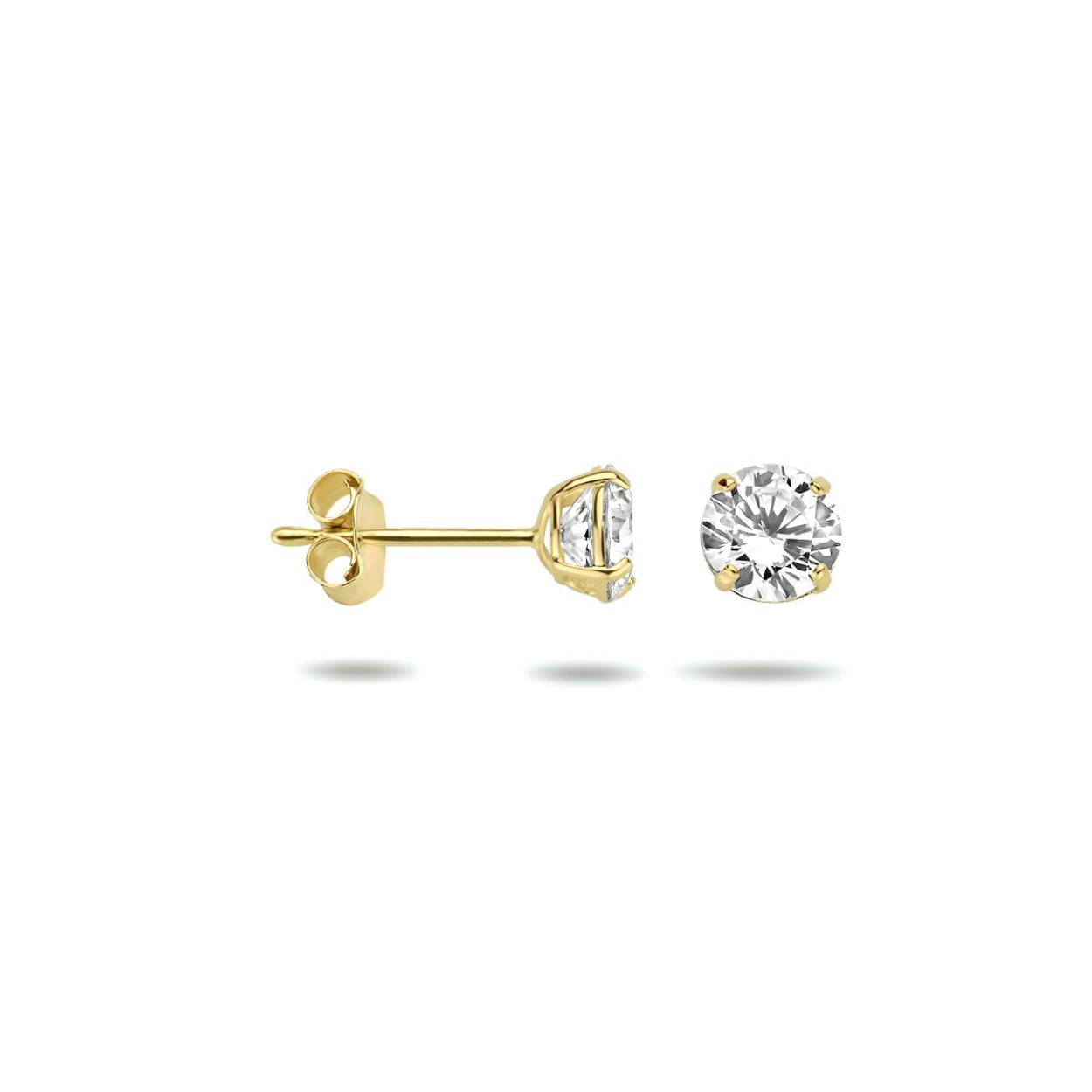 Geelgouden oorknoppen met zirkonia.
Zetting: solitaire (chatonzetting)