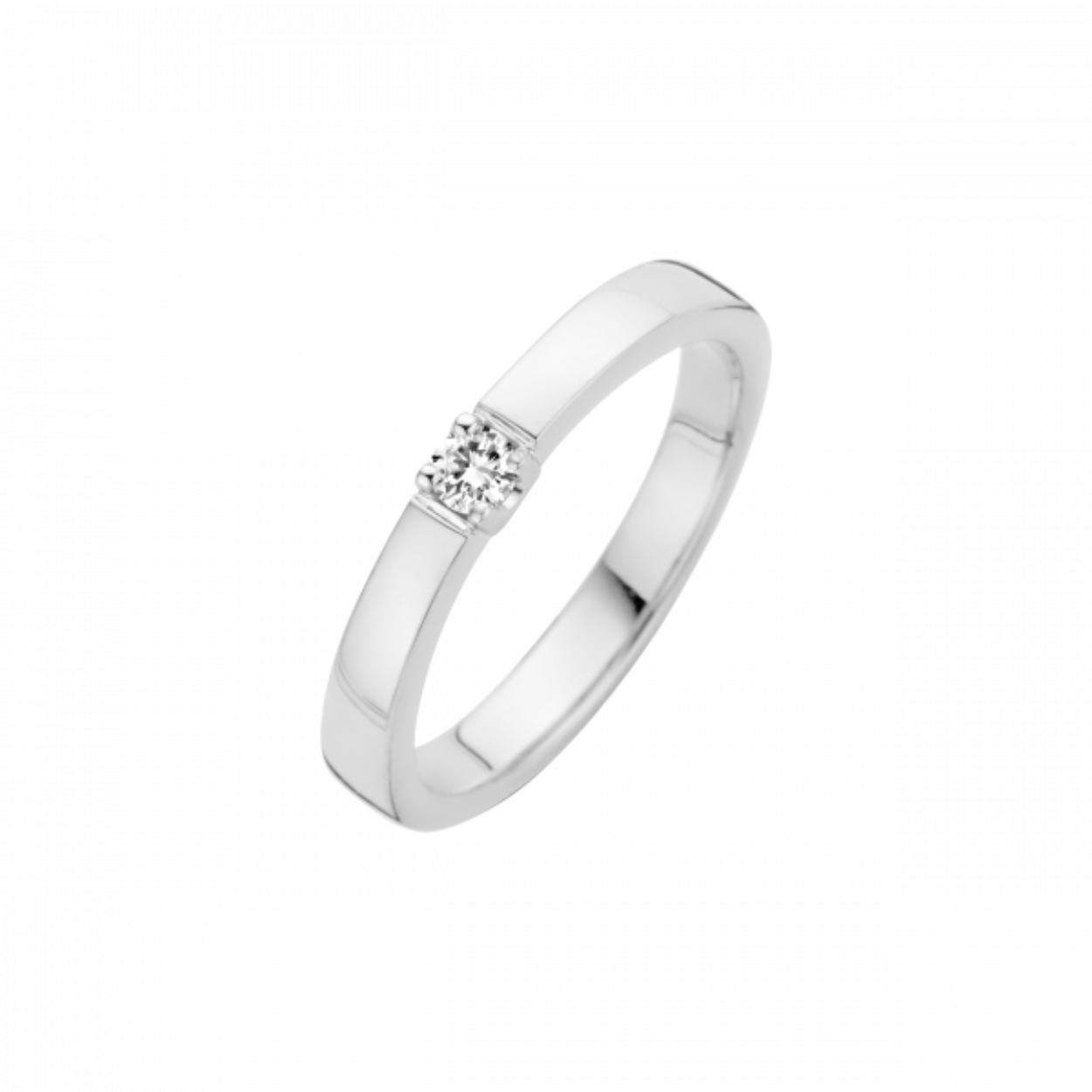 Een 14 Karaats Witgouden Memoire ring met 1x 0.05 Ct. Diamant in een Briljante slijpvorm