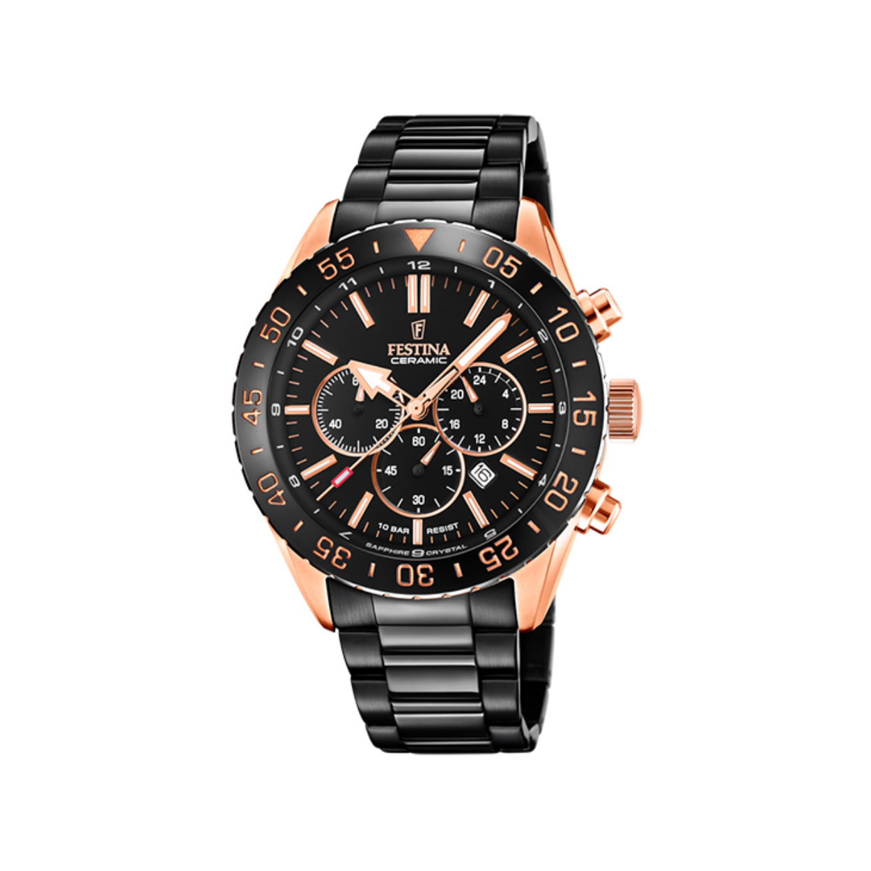 Festina always fits. Man of vrouw. Jong of oud. Elegant of sportief. Wie je ook bent en waar je ook van houdt. Een uurwerk van Festina past altijd. Al sinds 1902 maakt Festina stijlvolle horloges van staalharde kwaliteit volgens de Zwitserse knowhow. De designs bruisen van charme en charisma! Dit Festina Ceramic horloge F20578/1 bestaat uit een roségoudkleurige staal en krasbestendige keramische kast en band. Het uurwerk is analoog afleesbaar en beschikt over een kwartsgangwerk met chronograaf. Bovendien is het waterdicht tot 100 meter. 