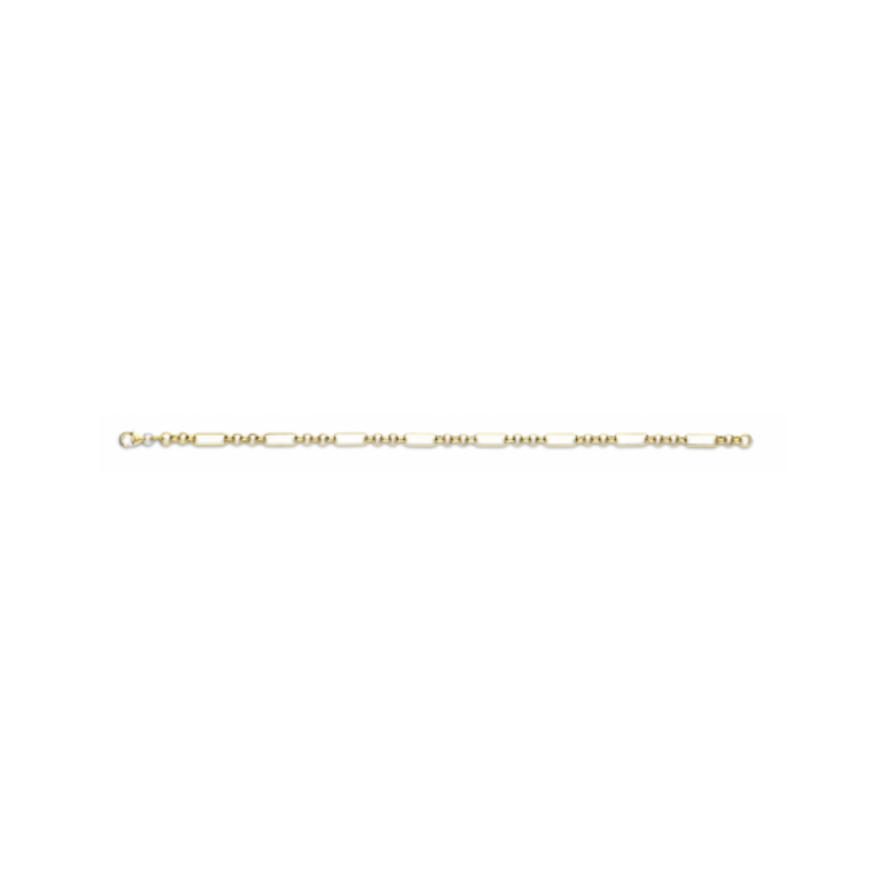 Fantasie schakel geel 4mm breed met 5 tussen ogen Massief 14krt gouden schakelarmband met een kern van massief zilver. Dit zorgt ervoor dat de armband niet kan deuken! Top kwaliteit armband voorzien van een `585' 14krt goud keurteken en een `925' zilver keurteken. Dit model is 4,0mm breed met 5 tussenogen en is verkrijgbaar in 19, 21, 45 en 50cm.