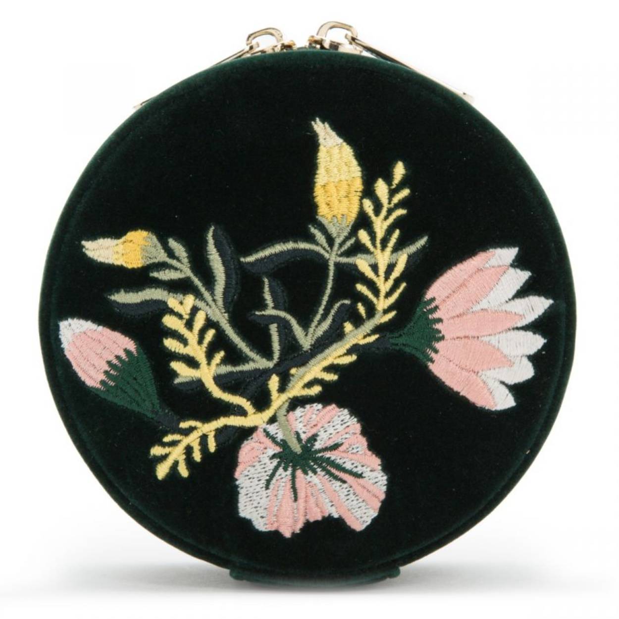 Fresh faced and fun, Zoe is sophisticated but playful. Add romance to your travel accessories with the elegant floral embroidery and jewel-tone velvet travel round. Includes velvet exterior, LusterLoc™ interior, zip pouch, and mirror.