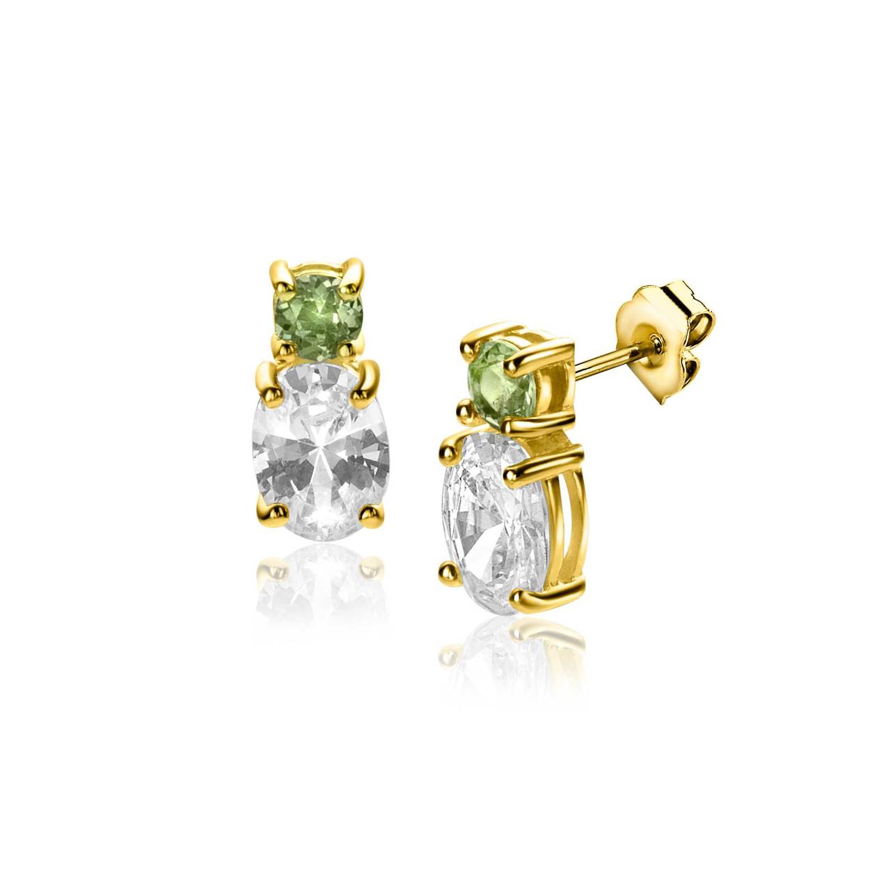 ZINZI gold plated zilveren oorstekers (12mm), bezet met een kleine ronde groene kleursteen en ovale witte zirconia. De oorstekers zijn vervaardigd van eerste gehalte zilver (925) en extra geelverguld.