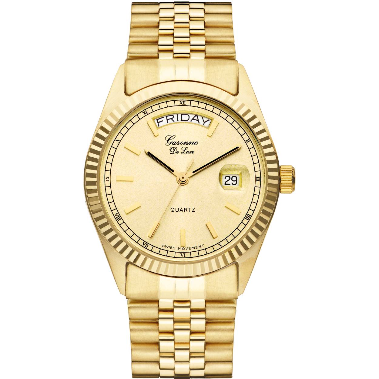 14 karaat gouden horloge met 14 karaat massief gouden horlogeband en dag/datum aanduiding.