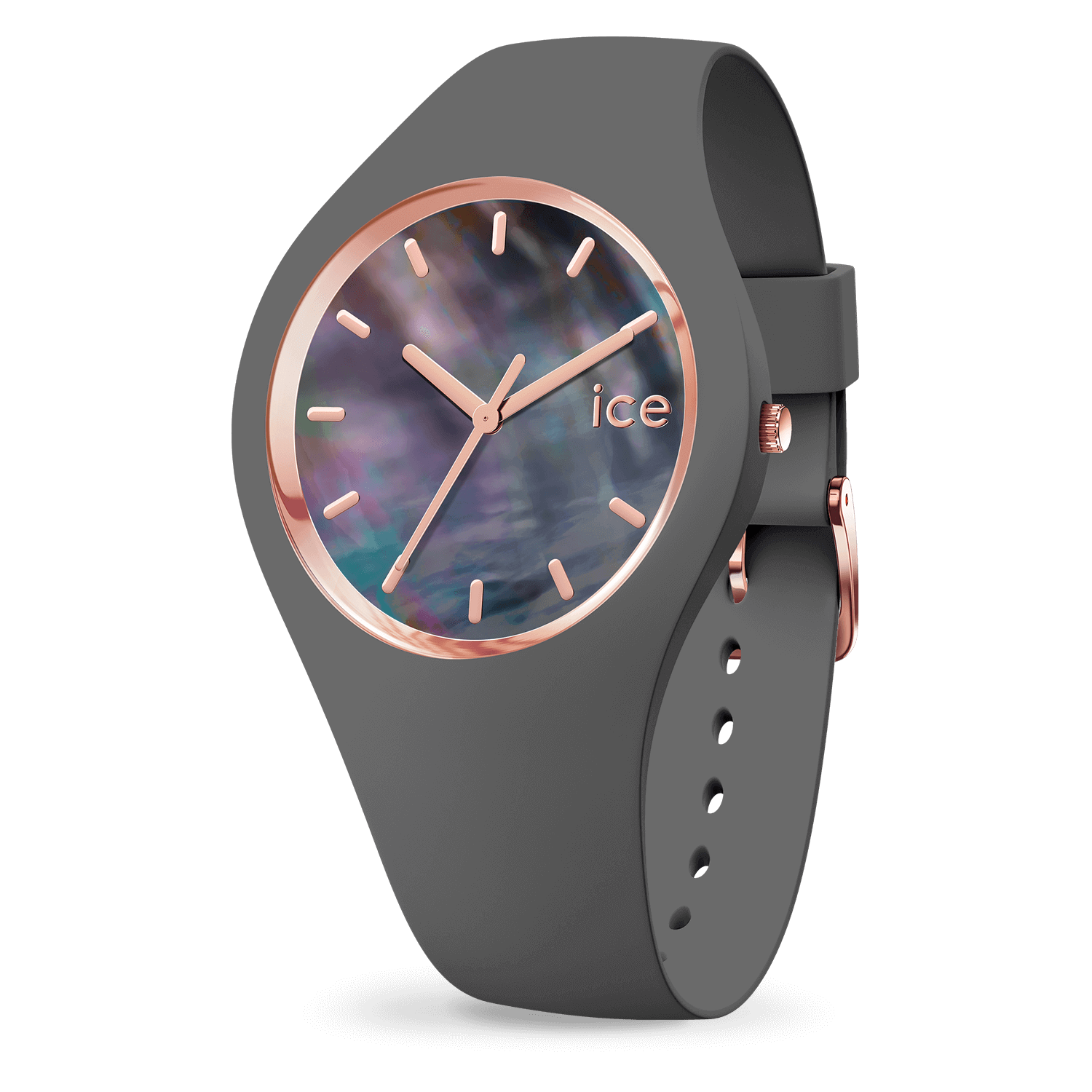 Dit antracietgrijze horloge van soepel silicone en met een wijzerplaat van paars paarlemoer is mysterieus en verfijnd en past als een juweel om zelfs de allerfijnste pols. de diepe kleur en schitterende glans geven elke outfit een chique, elegante touch. Een parel in de wereld van de polshorloges!