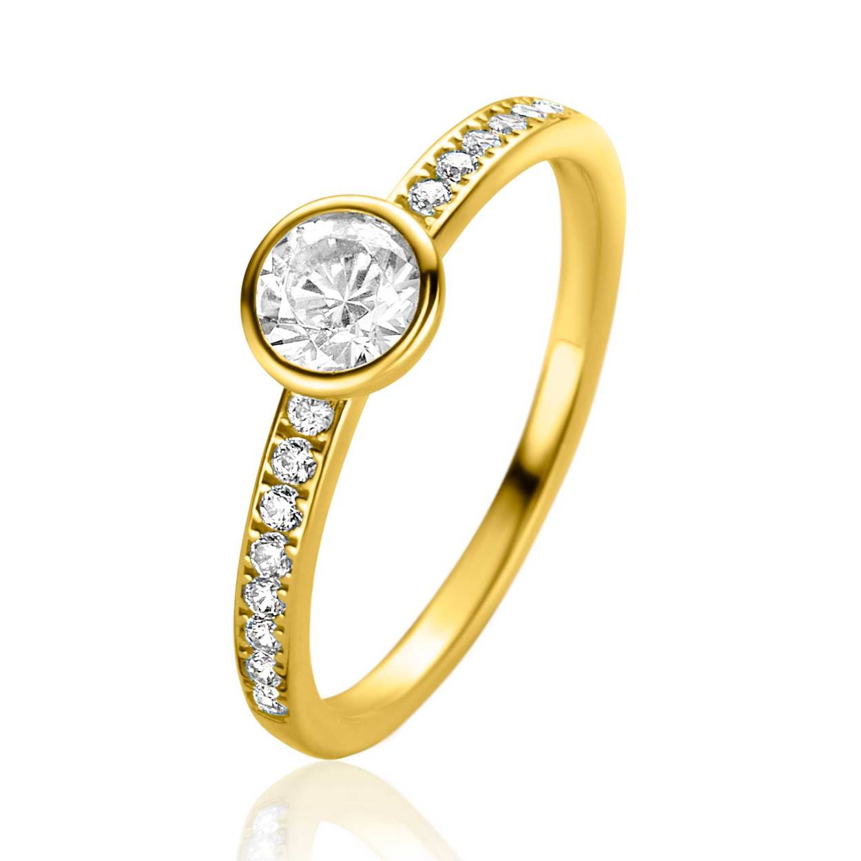 ZINZI Gold 14 krt gouden ring, bezet met een opvallende witte ronde zirconia in het midden (6mm). De scheen is ook sierlijk bezet met witte zirconia's. Een stralende ring! Vervaardigd van geheel 14 karaat goud (585).