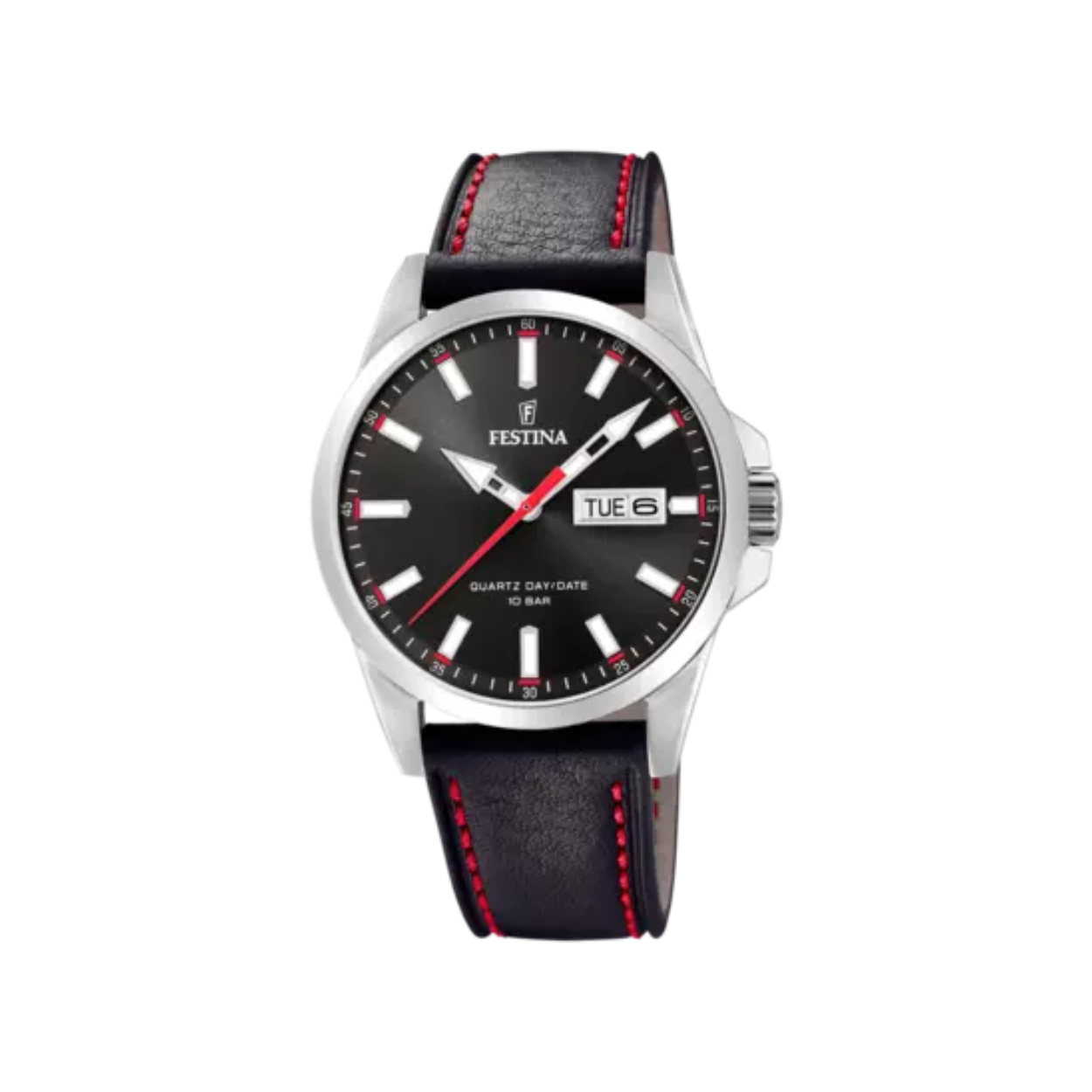 Festina herenuurwerk uit de 'classics' collectie - Zwart lederen band met rood stiksel - Zilverkleurige metalen kast - Zwarte wijzerplaat met dag/datumaanduiding - Waterdichtheid: 10 ATM