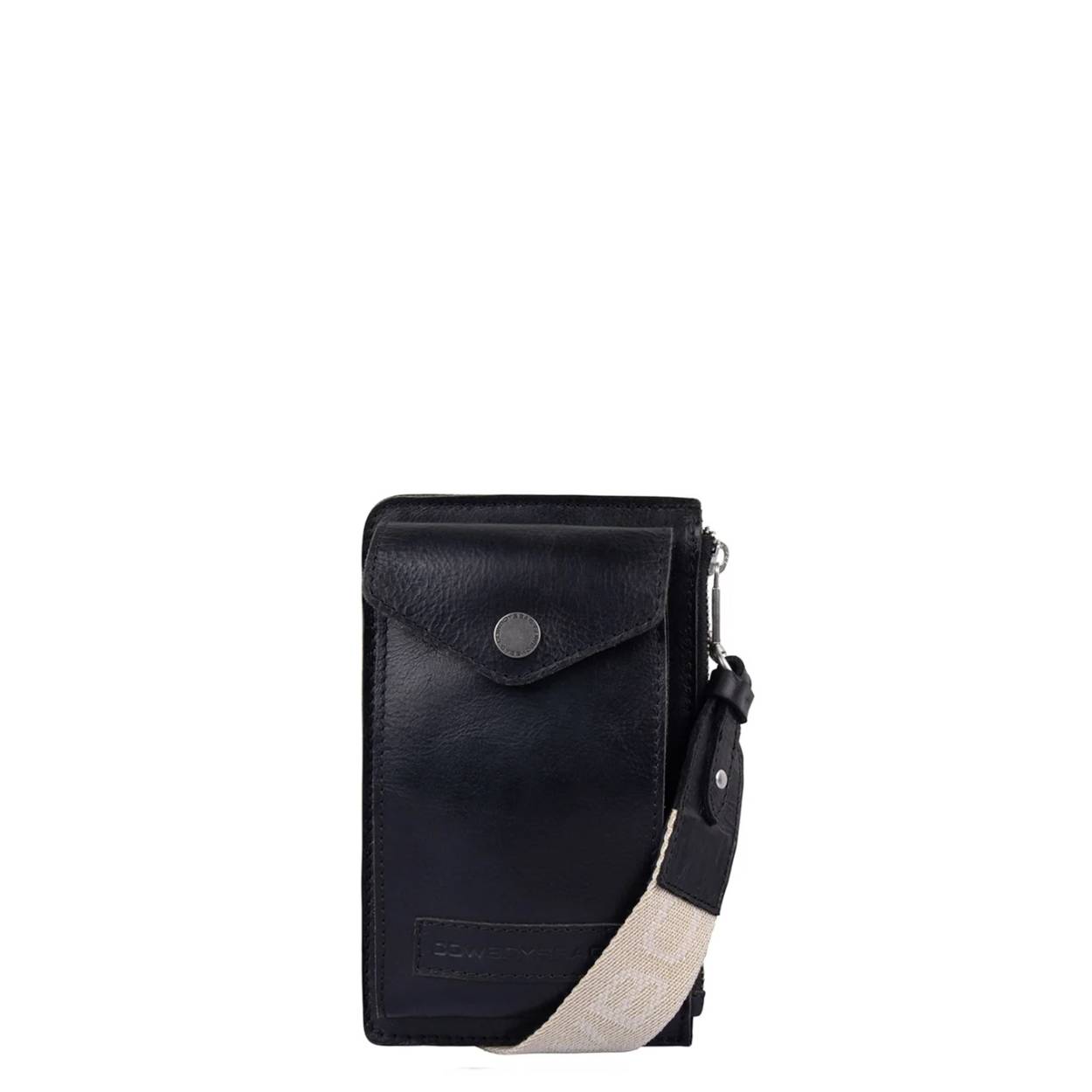Phonebag van Cowboysbag 
zwart leer met stoffen band in sand
W 12 x H 20 x D 2 cm
