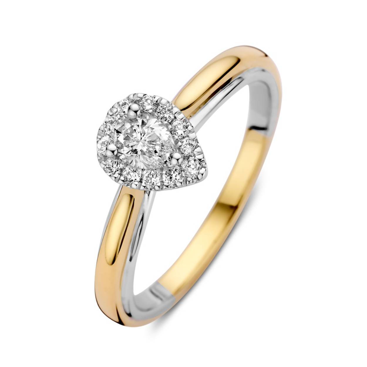 14k bicolor massief gouden ring met diamant 0.33ct. Briljant geslepen diamanten 0.10ct en een peer vormige diamant van 0.23ct H Si