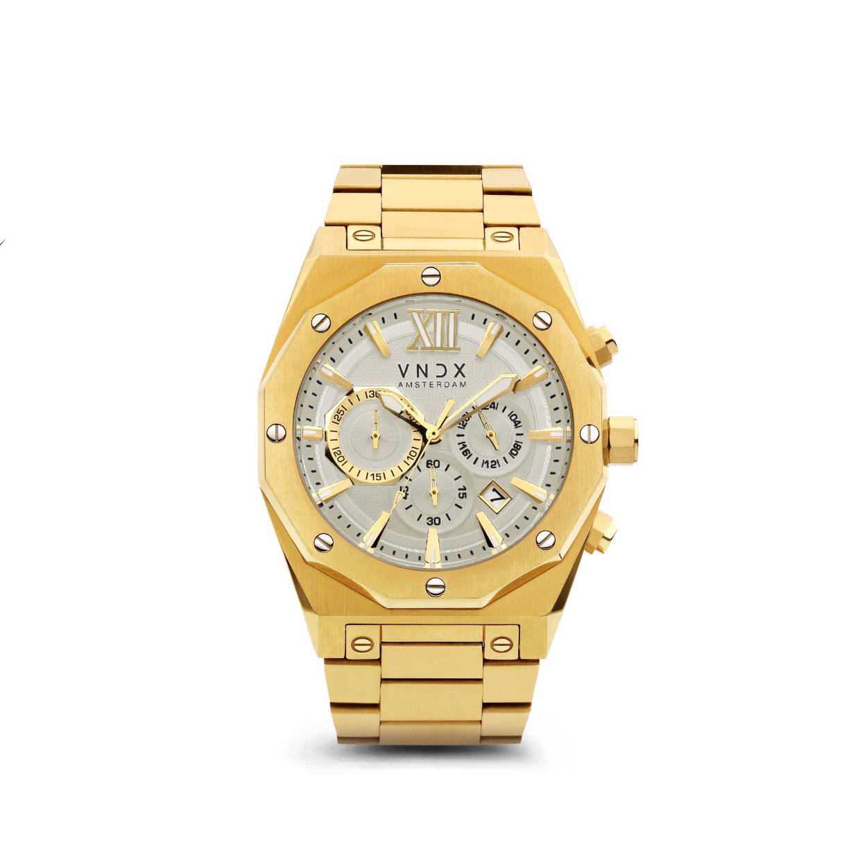 Ben jij dé Wise Man bij wie dit horloge perfect past? Dit stoere en uitgesproken horloge sluit perfect aan op wie jij bent! De mat geborstelde goud stalen band gecombineerd met de elegante witte wijzerplaat is de kroon op jouw outfit. Met deze stoere kleurencombinatie en het stijlvolle ontwerp gaat dit horloge je niet snel gaan vervelen! Voorzien van een chronograaf kent deze Wise Man verschillende mogelijkheden. Bang om het horloge te verliezen hoef je niet te zijn. Het horloge beschikt over een vouwsluiting die gezekerd is. Zo zorgt VNDX ervoor dat jij en je Wise Man nooit te laat zijn.  ''Be you, be wise and always do things you feel right about! The Wise Man''