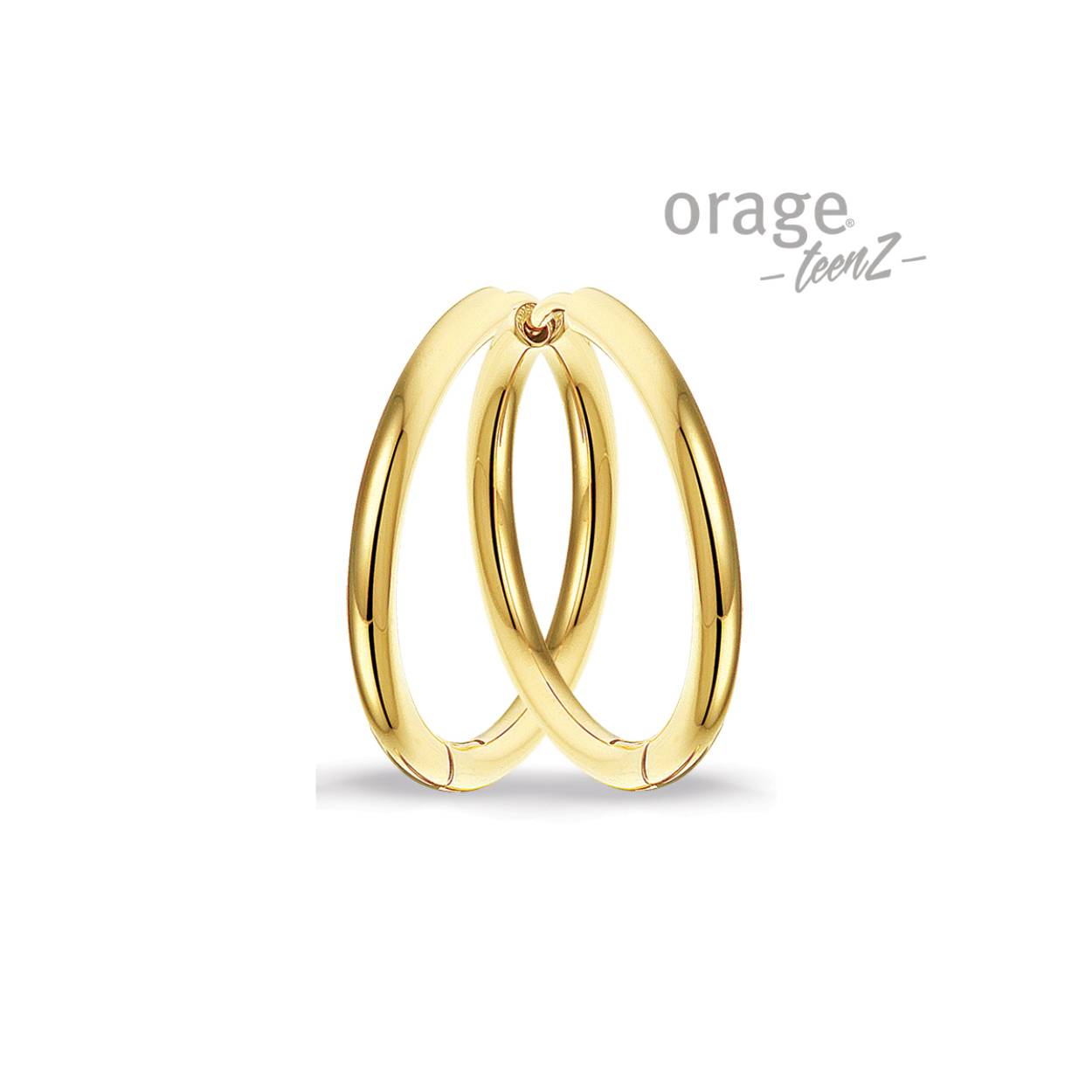 Goudkleurige oorringen met kliksluiting van het merk Orage Teenz
Materiaal: staal, verguld 
25 mm diameter
Verkrijgbaar in verschillende afmetingen