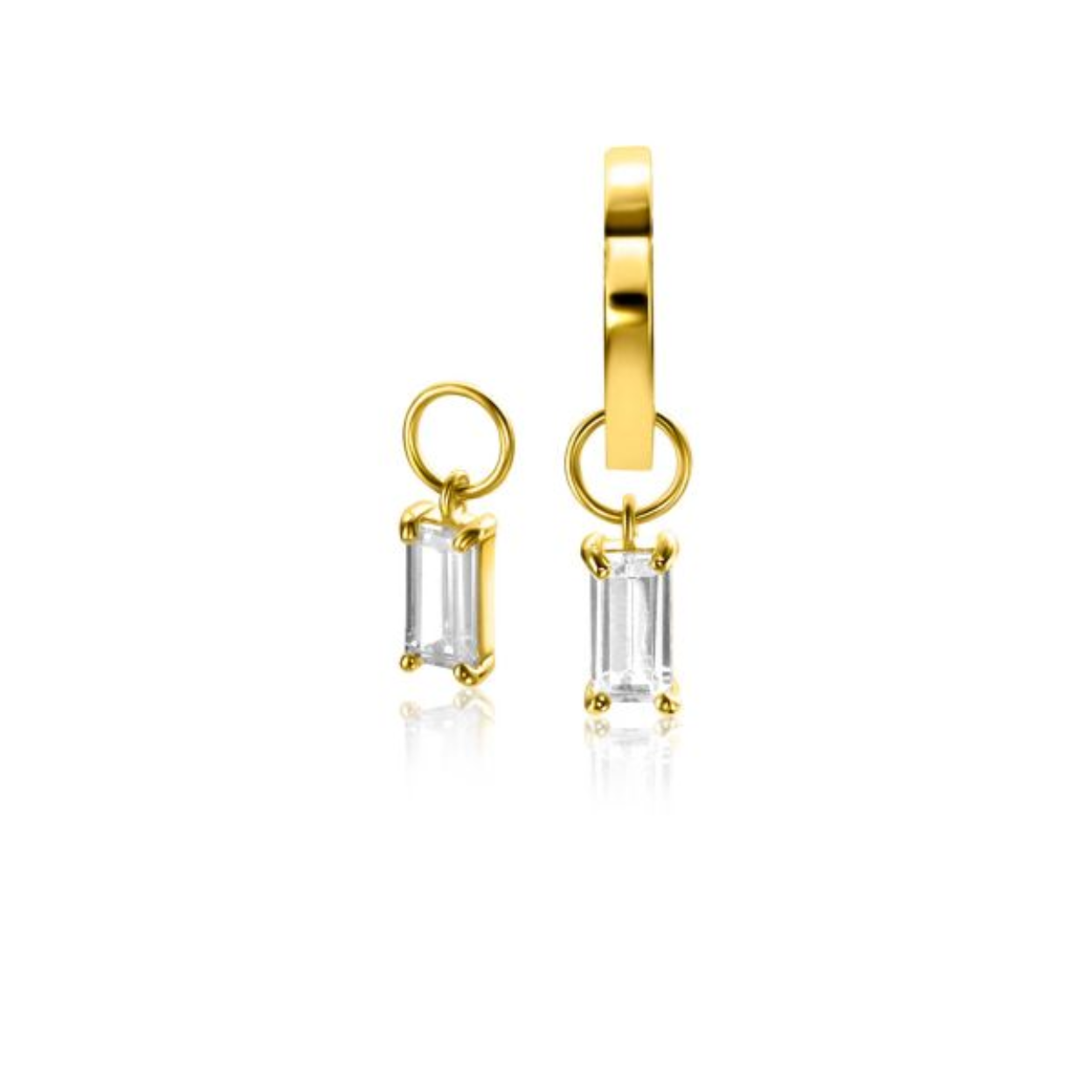 ZINZI Gold 14 karaat gouden oorbedels bezet met baguette geslepen witte zirconia (7mm) in chatonzetting. Hang deze oorbedels sierlijk aan je gouden ZINZI oorringen. De oorringen zijn niet bij de prijs inbegrepen. Vervaardigd van geheel 14 karaat goud (585).