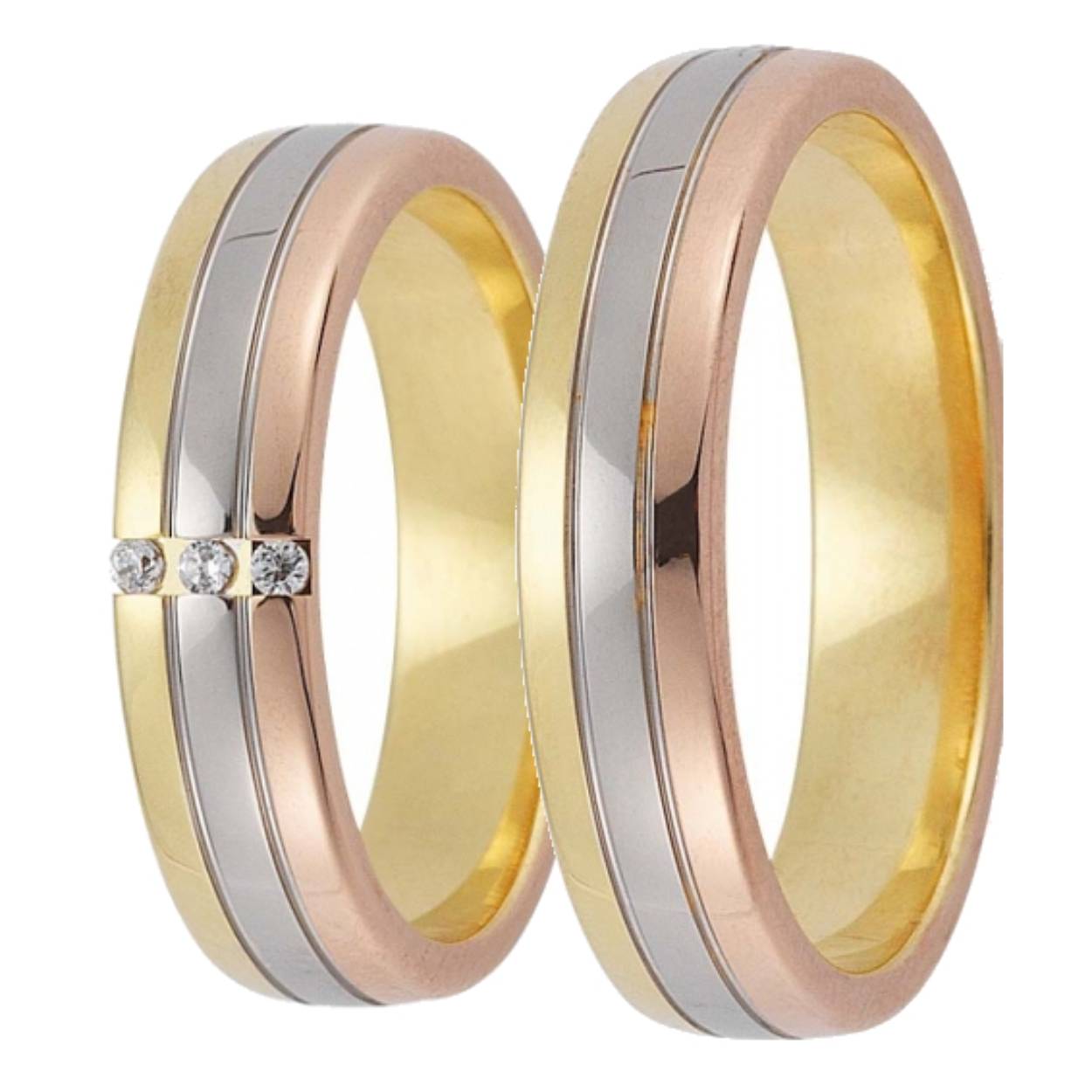 14 karaat tricolor trouwringen R/W/G , de damesring is gezet met 0.03crt briljant. Prijs is op aanvraag