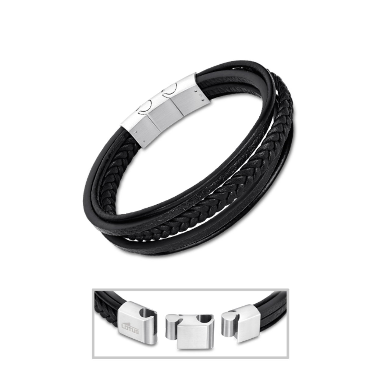 Zwarte lederen armband die bestaat uit verschillende lederen banden - Stalen klemsluiting - Lengte: 22 cm (in te korten tot 21 cm)
