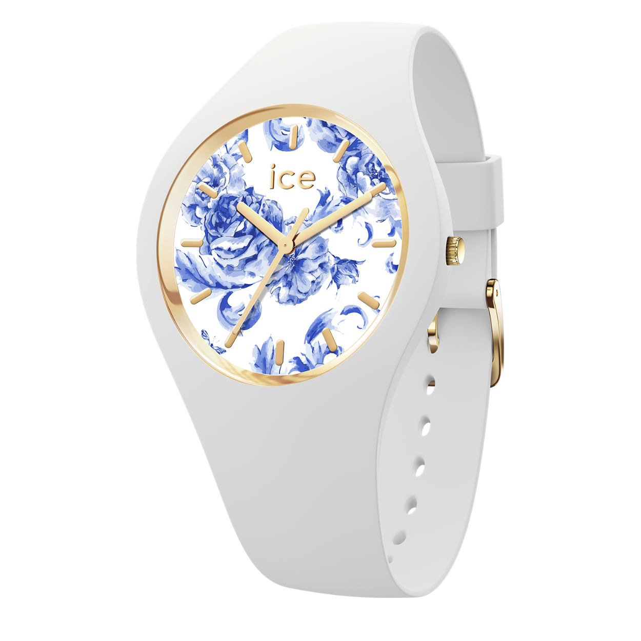 Een mooie Ice Watch uit de Ice Blue reeks, afgewerkt met witte siliconen band en blauwe bloemen op de witte wijzerplaat. De gouden details maken het een stijlvol uurwerk, passend bij elke outfit. Het uurwerk is 10ATM waterdicht. Maat: medium