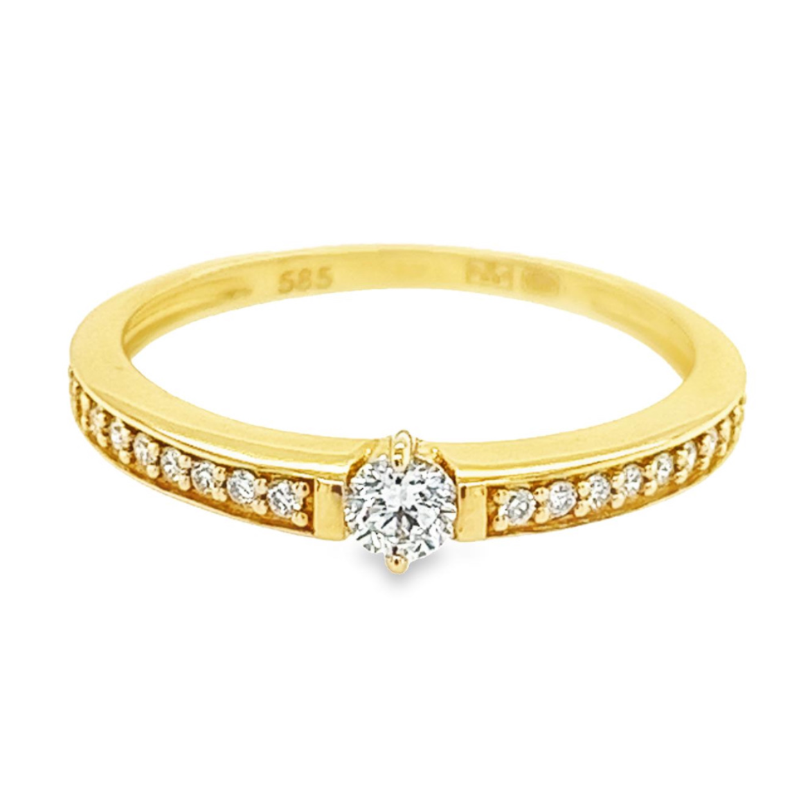 Deze geel gouden ring heeft een werkelijk schitterende uitstraling. De meerdere briljant geslepen diamanten zorgen voor deze prachtige schittering. Het totaal karaat gewicht is 0,22. Deze ring is volledig geelgoud (ook de zetpoten).