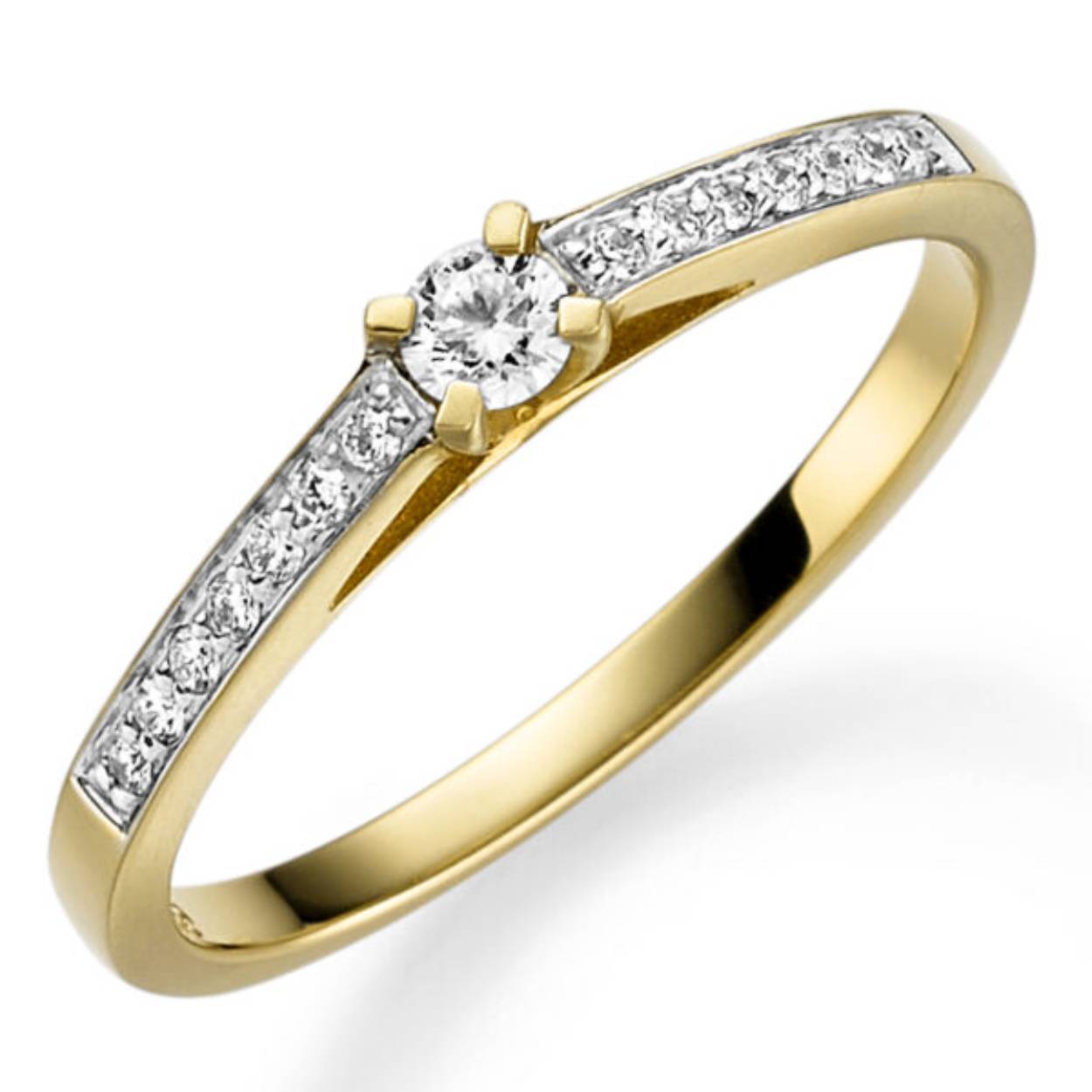 Gouden Solitair Ring 4-poots met Pavé Zijstenen 1-0.09/14-0.08 Crt G SI