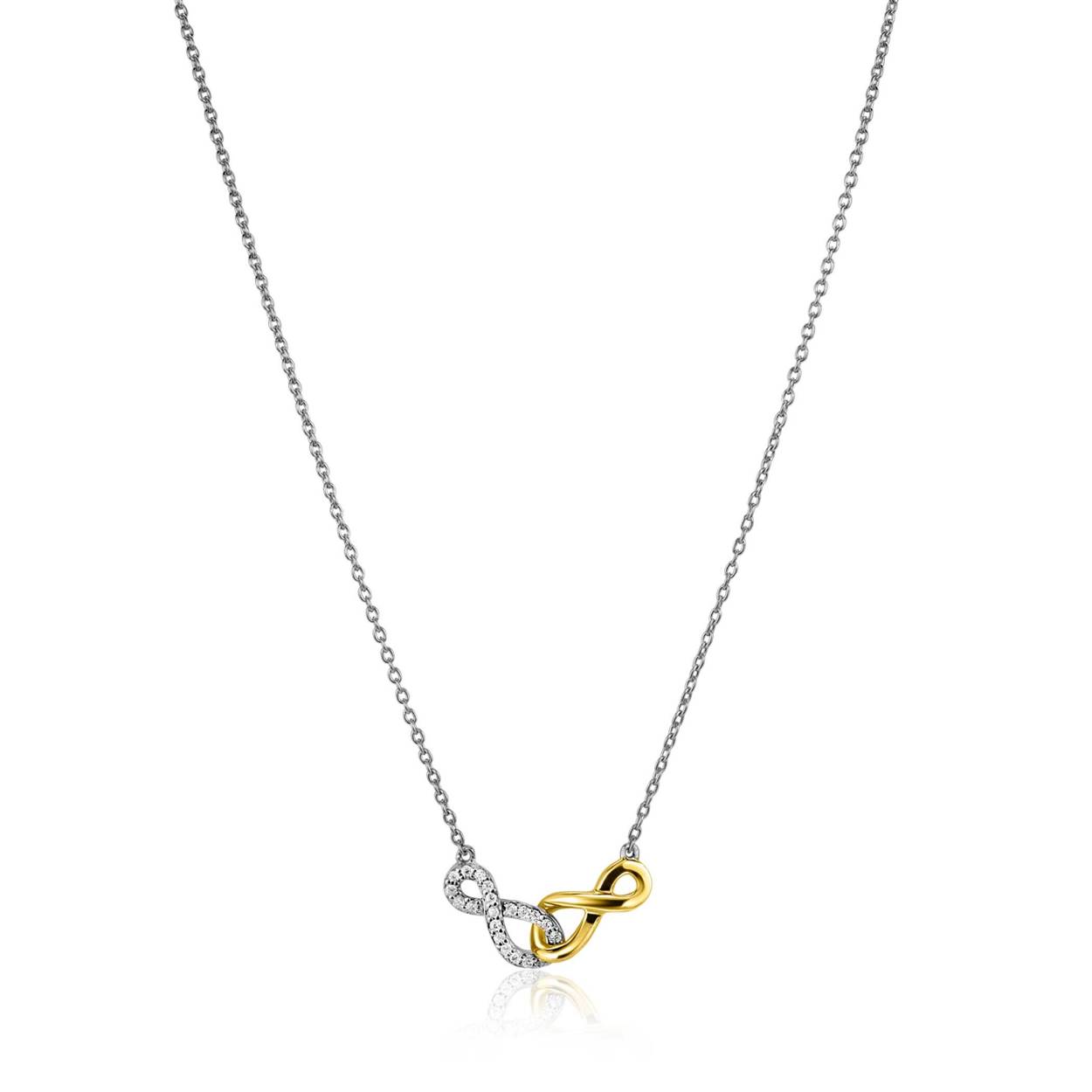 ZINZI zilveren fantasie ketting waarbij twee Infinity tekens met elkaar verbonden zijn, waarbij het ene teken bezet is met witte zirkonia's en het andere teken in gold plated afgewerkt is. De lengte van de ketting is te variëren tussen 42cm en 45cm. Vervaardigd van eerste gehalte zilver (925) en voorzien van een extra rodiumlaag voor een langdurige glans. Tevens extra geel verguld.