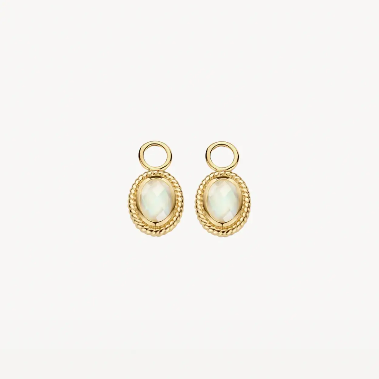 Deze oorbedels van 14k geelgoud met parelmoer en bergkristal omringd door een koordmotief stralen van alle kanten elegantie uit. De bedels zijn 11,5 mm hoog en 6,3 mm breed. Stijlvol op zichzelf of in combinatie met andere sieraden uit onze collectie, bijvoorbeeld collier 3169YMQ.