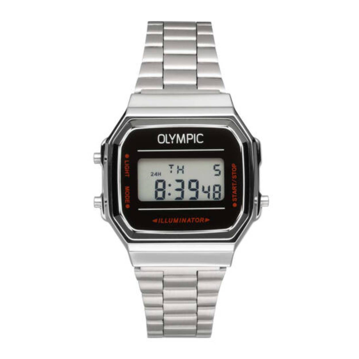 Olympic OL66HKS001 Digital Horloge Staal 38,6x 36,3mm 
Dit unieke Olympic horloge met artikelnummer: OL66HKS001 is een digitaal horloge met een sportieve uitstraling. Het horloge heeft een rechthoekige metalen kast met een zwart digitaal venster met rode en witte accenten. Het horloge heeft meerdere functies zoals, tijd, datum, stopwatch, alarm en verlichting. Aan de kast zit een zilverkleurige stalen matte schakelband met kliksluiting. Het horloge heeft een mineraalglas, een afmeting van 38,6x 36,3mm en is 3ATM.

Het merk:
Een mooi horloge hoeft niet duur te zijn! Het Nederlandse horlogemerk Olympic levert stoere chronografen, slimline series, digitale uurwerken en elegante dameshorloges. De prijs-kwaliteitverhouding staat bij Olympic hoog in het vaandel met prijzen die uiteenlopen van € 34,95 tot en met € 159,00.

100% Nederlands ontwerp, waterdicht en standaard 3 jaar fabrieksgarantie.

Specificaties:
- Rechthoekige kast 38,6x 36,3mm
- Metalen horlogekast
- Stalen schakelband
- 3ATM 
- Standaard 3 jaar fabrieksgarantie
- Mineraalglas