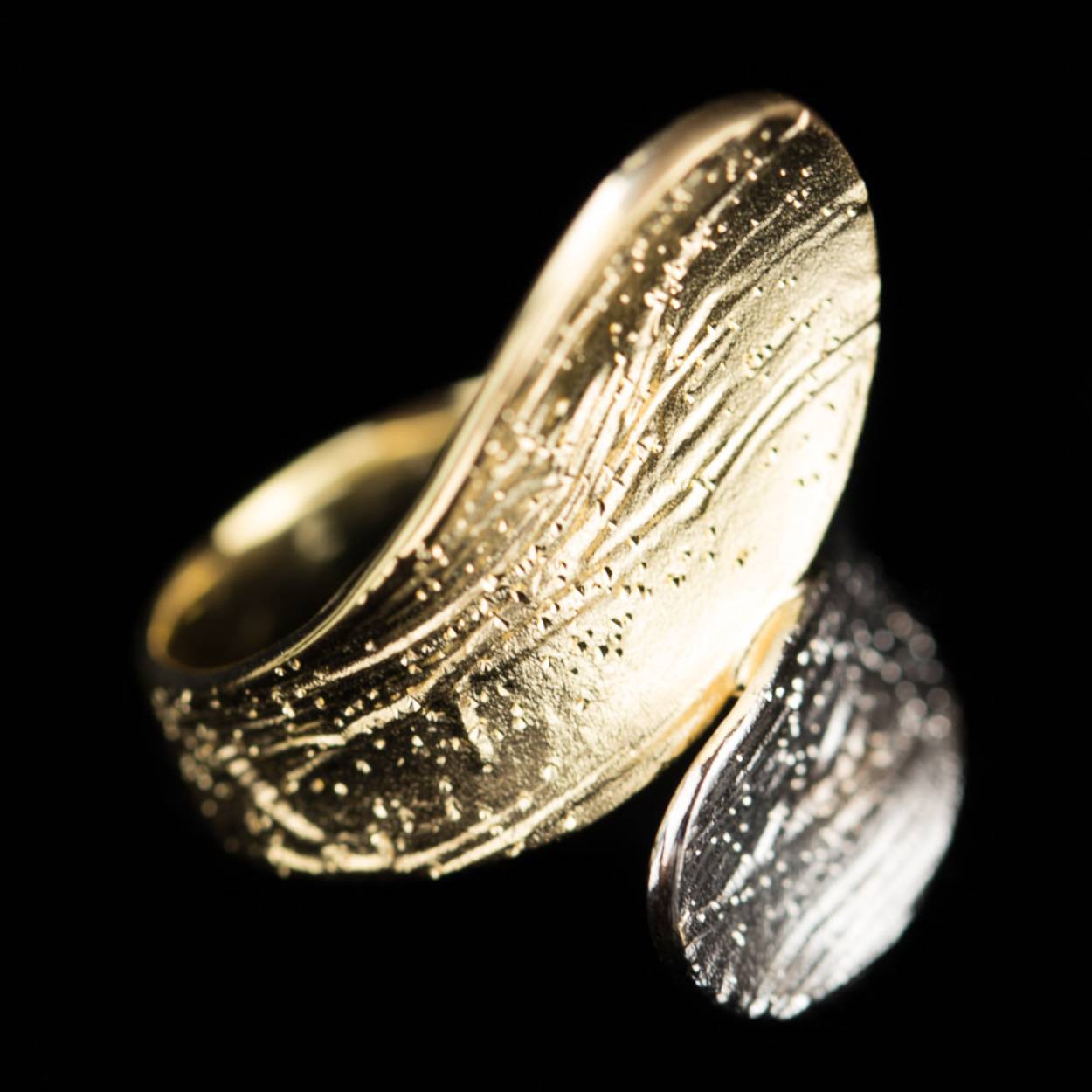 Sanjoya zilveren ring met goudkleurig deel, gediamanteerd en langwerpig.