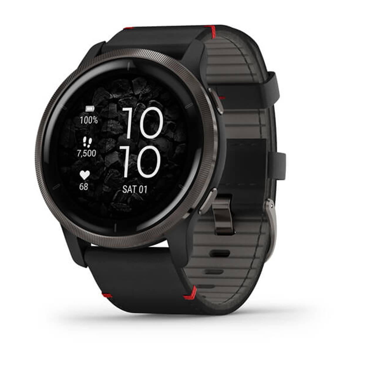 Garmin Venu 2 Slate rand van roestvrijstaal met zwarte behuizing en leren polsband