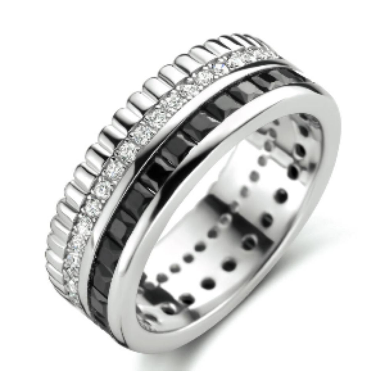 925 Gerhodineerd zilveren ring uitgevoerd met schitterende zirkonia in zwart en wit. De ring heeft een breedte van 7mm.