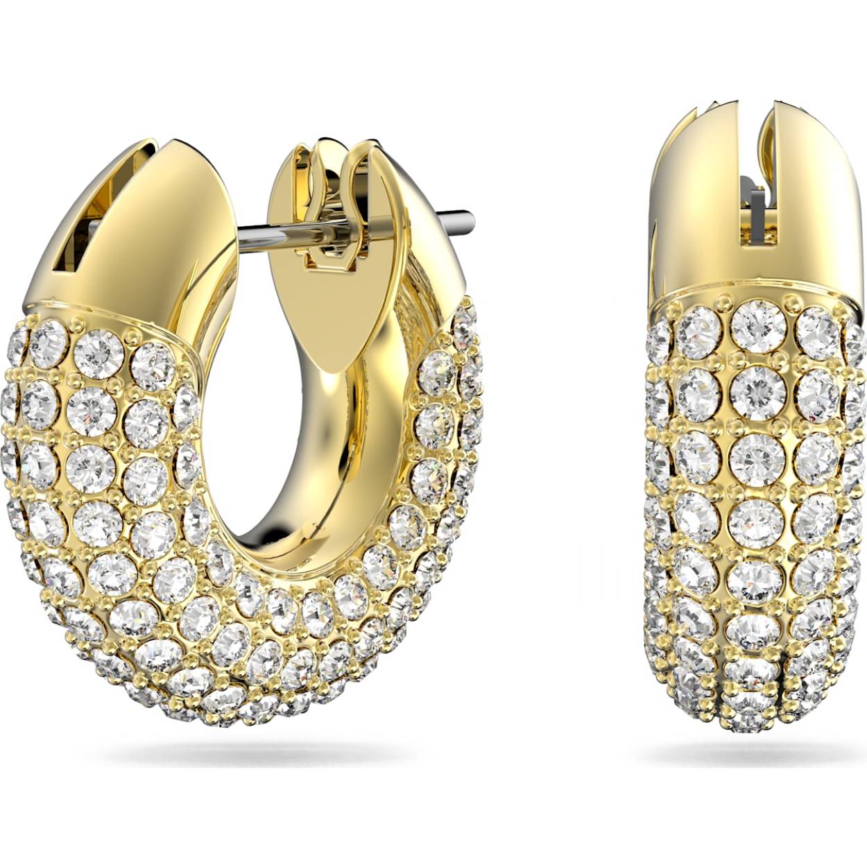 Klassieke ringoorbellen met een moderne twist: dit unisex paar geeft elke outfit een dynamische uitstraling. Het sculpturale design bevat glinsterende, gefolieerde kristallen gezet in een elegant goudkleurig frame en accentueert Swarovski's iconische pavétechniek. Draag dit statement-paar overdag én 's avonds voor een schitterende look. Deze oorbellen maken onderdeel uit van de Dextera familie en zijn ontworpen voor Collection III.