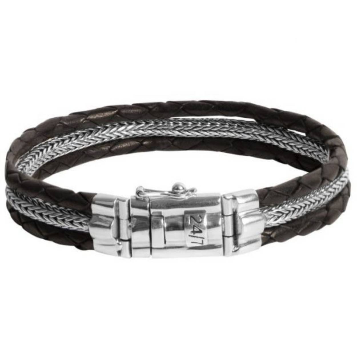 Zilveren armband met zwart leer.