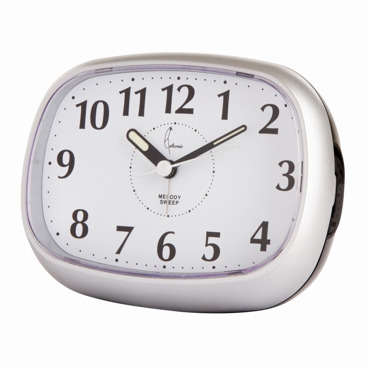 Wekker quartz met melodie alarm- Snooze functie - Licht functie - Geruisloze secondenwijzer - Lichtgevende wijzers - Kleur: zilver/zwart - Afmetingen: 126 mm x 96 mm x 55 mm