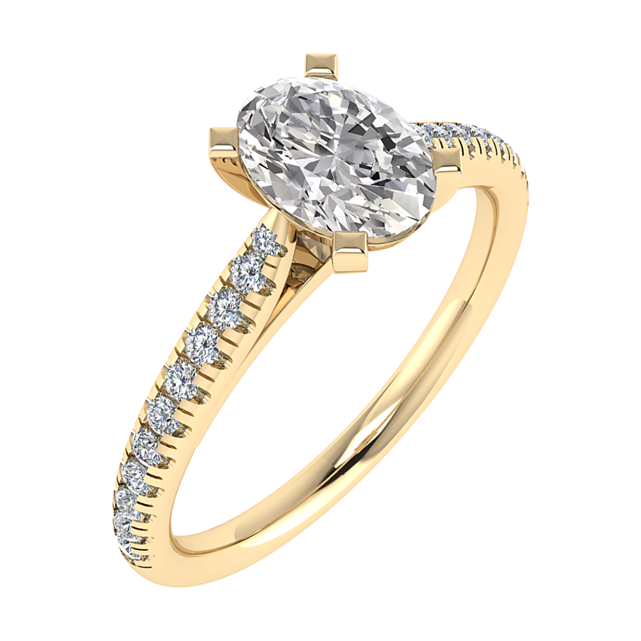 18k geelgouden lab grown diamanten ring. zijde band diamanten zijn natuur diamanten van 0.18 carat, midden steen is een ovale lab grown diamanten van 1.05 met een D kleur en een VS1 helderheid. 