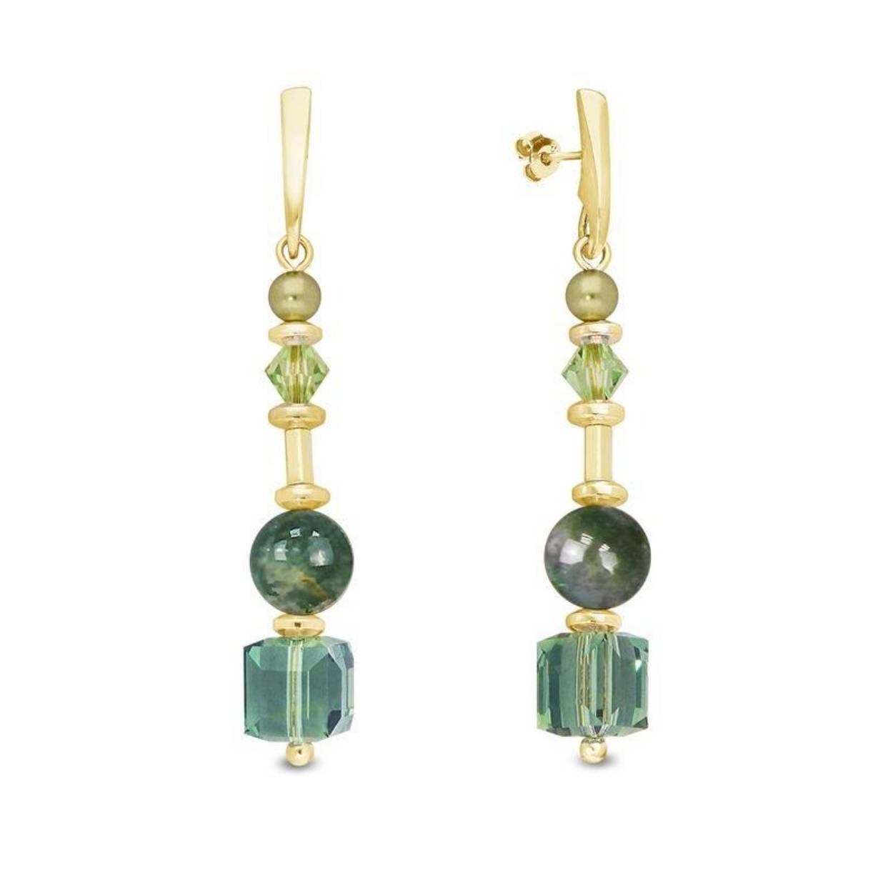 Spark JASMINE Gilded Earrings Peridot, Erinite, Light Green Pearl, Indian Agat, Hematite