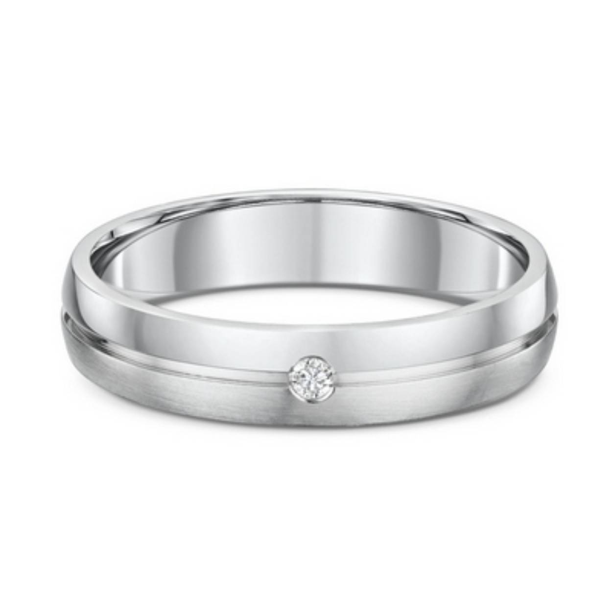 585 witgouden trouwringen, mat/glanzend 4 mm breed. De damesring is gezet met 0.02 ct briljant
Prijs is op aanvraag