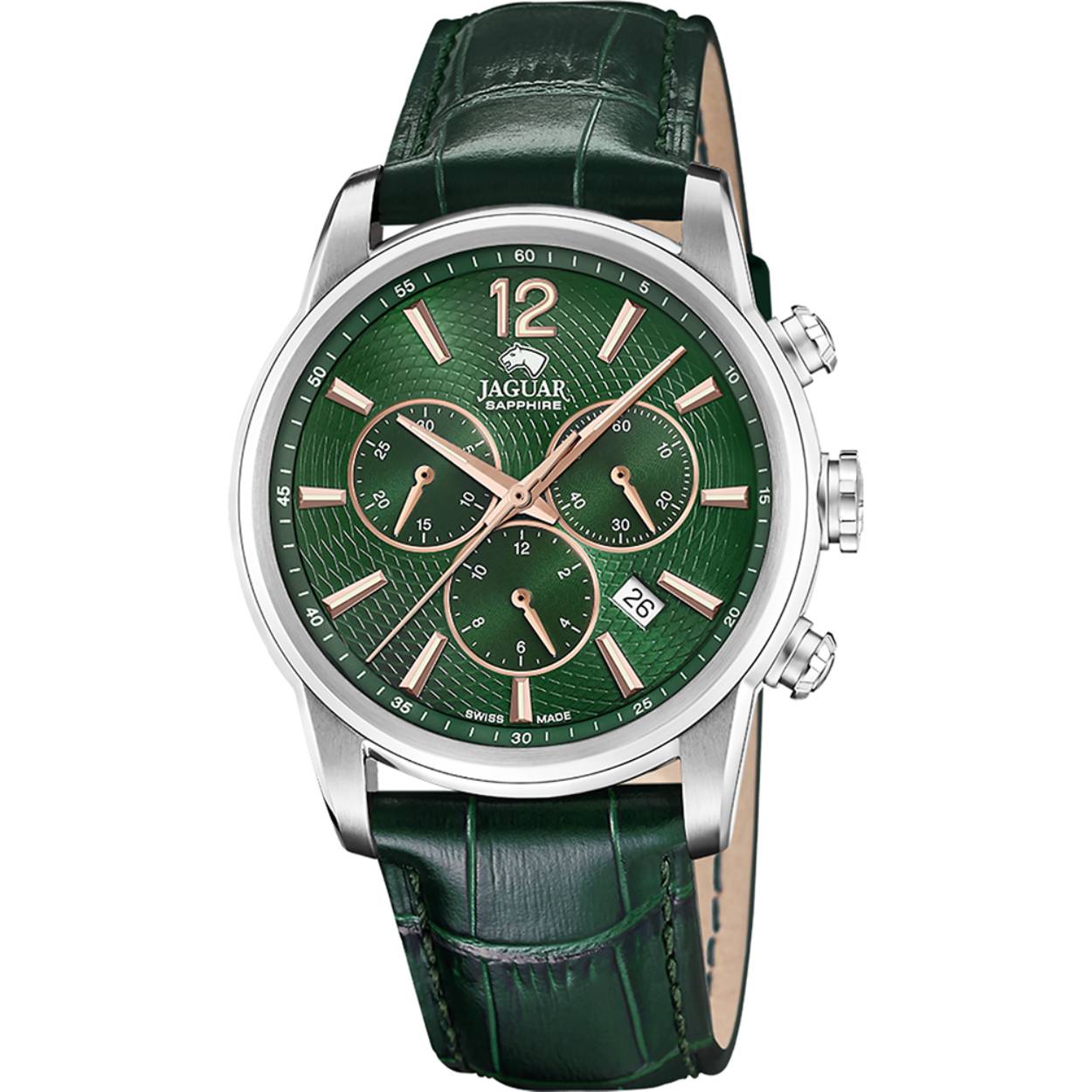 Dit Jaguar horloge heeft een Staal zilver kast met een diameter van 42 mm en is voorzien van een leer band. In de kast bevindt zich een Ronda kwaliteitsuurwerk en is afgewerkt met Saffierglas.