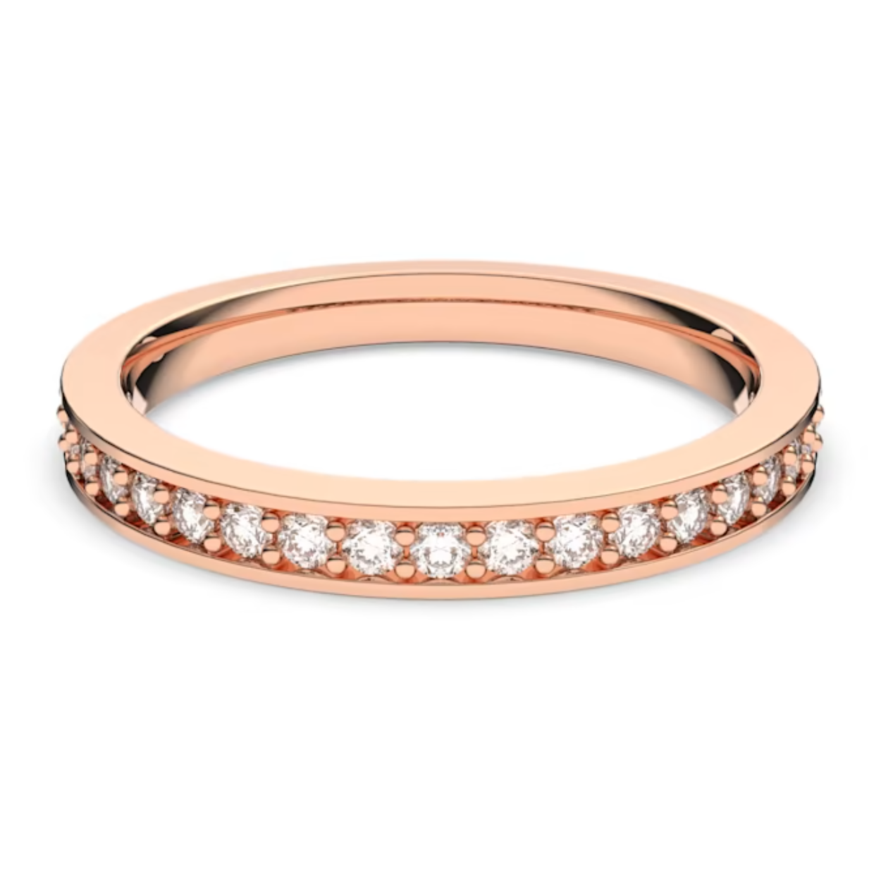Met zijn slanke ontwerp is deze rosegoud-vergulde ring elegant en gemakkelijk om te dragen. Een helft is versierd met sprankelende kristallen.