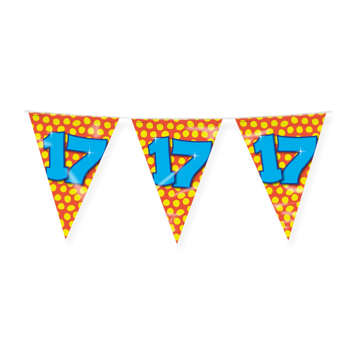 De Happy party flags 17 zijn de ideale versiering op de verjaardag van een 17-jarige. Door de vrolijke kleuren vallen deze party vlaggen dan ook extra goed op! De aan beide kanten bedrukte vlaggetjes zijn gemaakt van folie, hebben een lengte van 10 meter.