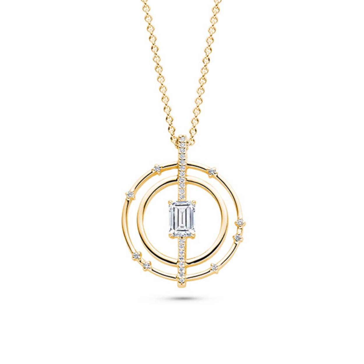 Dit is een collier gemaakt van sterling zilver, 18 karaats verguld met een hanger bezet met zirkonia's.