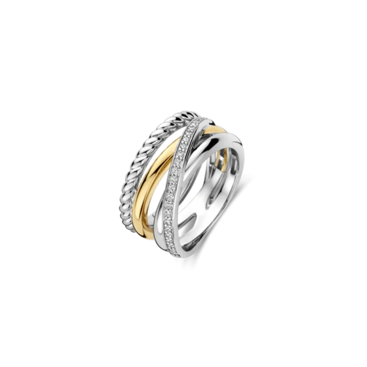 Vier iconisch design met deze TI SENTO vergulde ring 12384ZY. Een frisse interpretatie van een van onze meest geliefde silhouetten, deze ring verenigt sculpturale rondingen met verfijnd contrast. Vervaardigd uit hoogwaardig 925 sterling zilver combineert hij een stralende goudkleurige vergulding, een gedraaide kabelband en een pavé gezet lint, waarin licht, textuur en beweging samenkomen. Gedurfd en toch moeiteloos, hij voegt gelaagde diepte toe aan zowel casual looks als avondse styling. Nikkelvrij en hypoallergeen, deze ring is evenzeer een statement van comfort als van stijl.