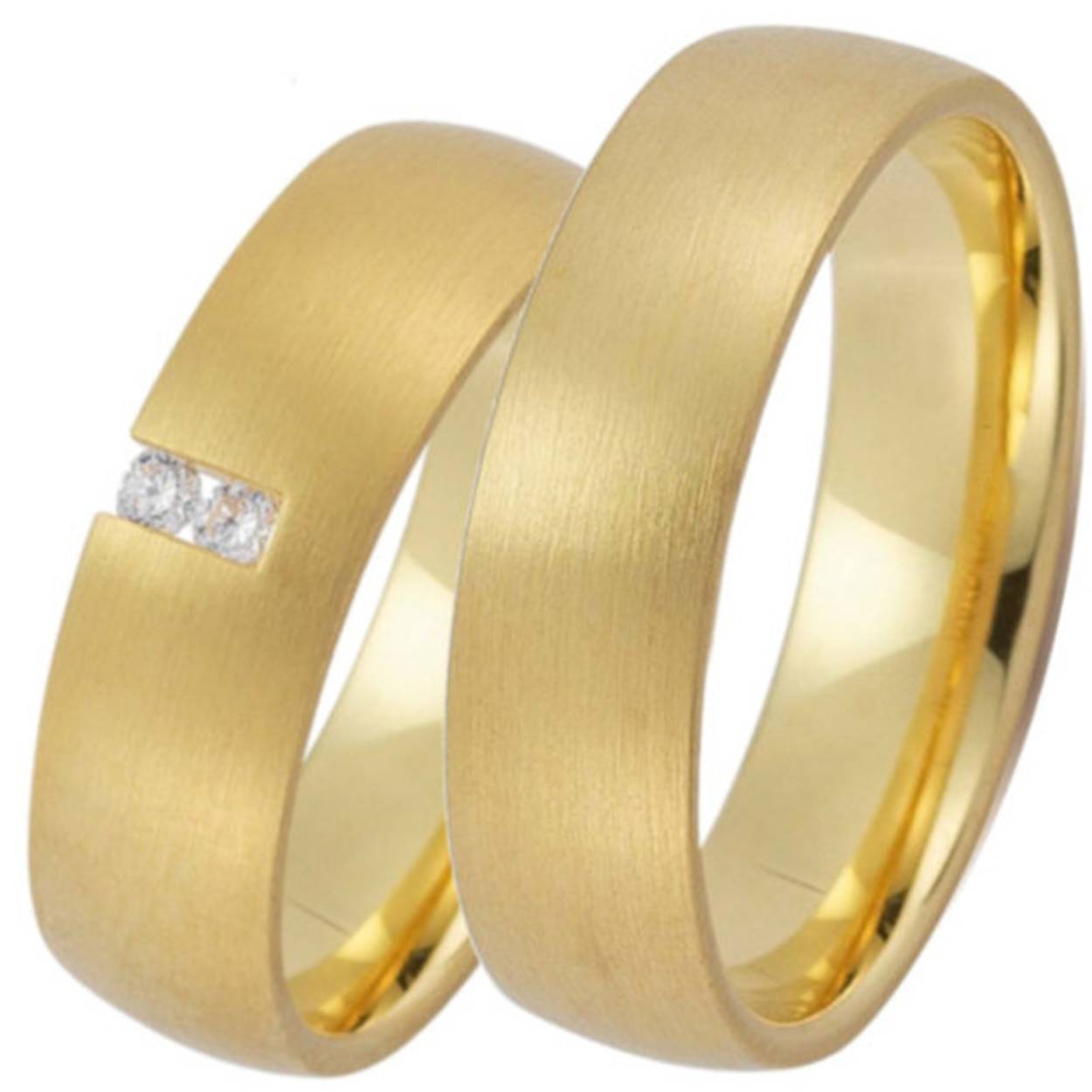 geelgouden matte trouwringen, 6mm de damesring is gezet met totaal 0.06crt briljant