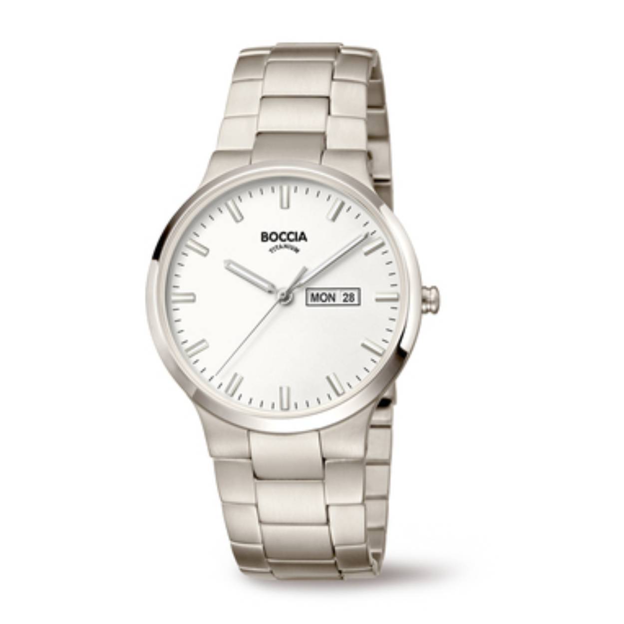 Boccia Titanium 3649-01
Dit herenhorloge van Boccia Titanium heeft een nette uitstraling. De zilverkleurige titanium horlogekast zorgt voor een stijlvolle look en de witte wijzerplaat maakt het horloge klassiek. Het horloge heeft een ronde kast met een diameter van 39mm, een dag, een datum, een saffierglas, en is 5ATM. Combineer dit prachtige exemplaar met de andere sieraden van Boccia Titanium voor een complete look. Aan de titanium kast zit een titanium band. 

HET MERK
Boccia Titanium is het titanium merk van Nederland, dat zijn oorsprong in Duitsland vindt en is opgericht in het jaar 1992. Ontwikkeld door internationale ontwerpers. Alle titanium componenten van de BOCCIA TITANIUM collectie zijn gemaakt van 99,7% puur titanium; het bijzondere materiaal. Het is licht in gewicht, neemt de temperatuur van de huid aan en is zeer huidvriendelijk. Bovendien is het corrosie- en temperatuurbestendig.

SPECIFICATIES
- Saffierglas
- Ronde titanium horlogekast, Ø 39mm
- Titanium band
- Witte wijzerplaat
- 5ATM (Regen- & spatwaterdicht)