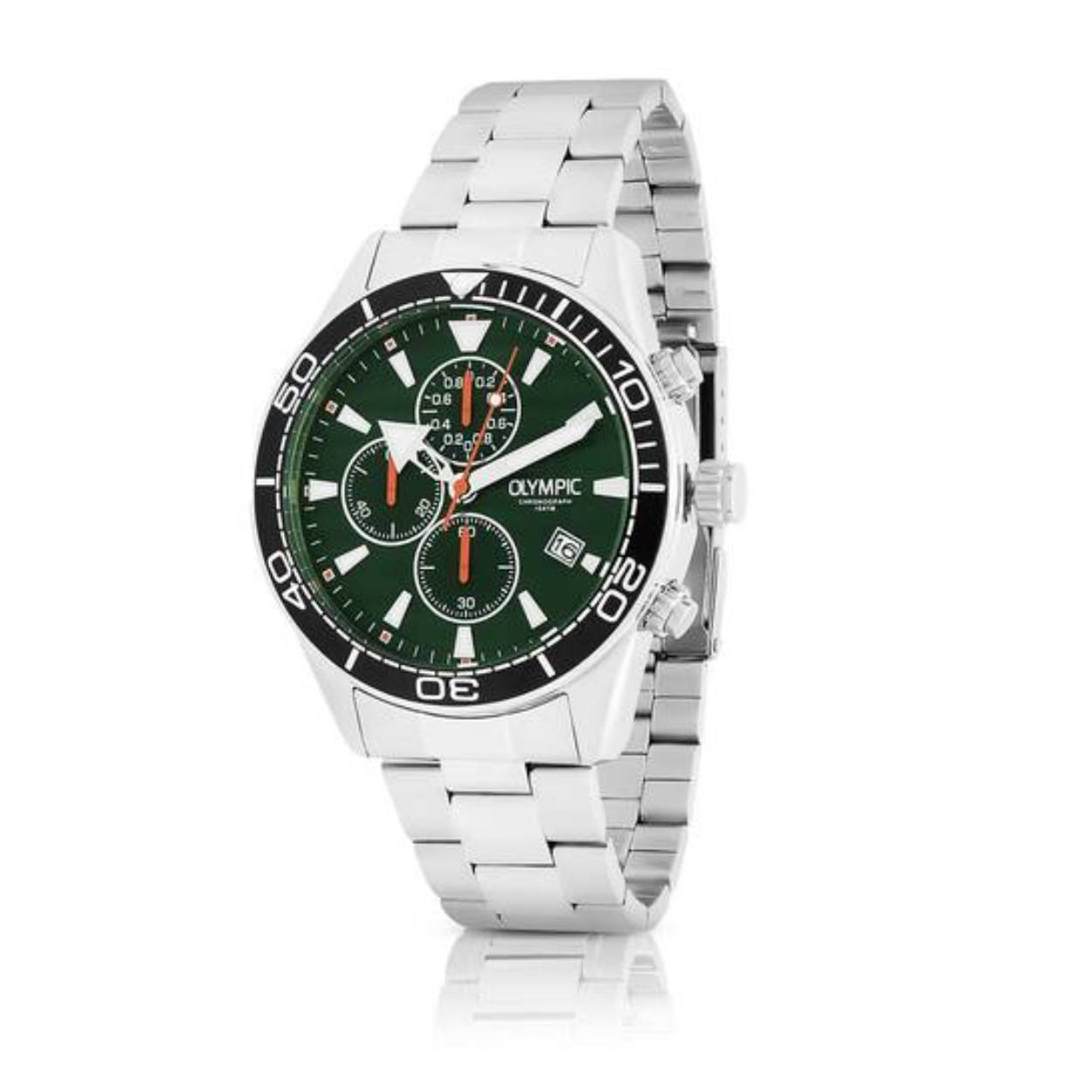 Olympic OL72HSS285 ADAM Horloge - Staal -Staal - Groen - 44mm 
Dit unieke Olympic horloge met artikelnummer: OL72HSS285 is een herenhorloge met chronograaf en heeft een sportieve uitstraling. De stalen kast heeft een zwarte bewerkte bezel en een groene wijzerplaat met een datum en chronograaf. De uursaanduiding is opvallend door de lumibrite strepen en wijzers. De rode accenten geven het horloge een sportief uiterlijk. Aan de stalen kast zit een stalen schakelband met een vouwsluiting. Het horloge heeft een mineraalglas, een doorsnee van 44mm en is 10ATM.

Waterdichtheid 10ATM
Dit horloge is bestand tegen water bij het zwemmen en douchen. Dit horloge is niet bestand tegen (grote) waterdruk dus je kunt er niet mee duiken.

Het merk:
Een mooi horloge hoeft niet duur te zijn! Het Nederlandse horlogemerk Olympic levert stoere chronografen, slimline series, digitale uurwerken en elegante dameshorloges. De prijs-kwaliteitverhouding staat bij Olympic hoog in het vaandel met prijzen die uiteenlopen van € 34,95 tot en met € 159,00.

100% Nederlands ontwerp, waterdicht en standaard 3 jaar fabrieksgarantie.

Specificaties:
- Ronde kast Ø 44mm
- Zilverkleurige stalen horlogekast
- Groene wijzerplaat
- Stalen schakelband
- 10ATM 
- Standaard 3 jaar fabrieksgarantie
- Mineraalglas
