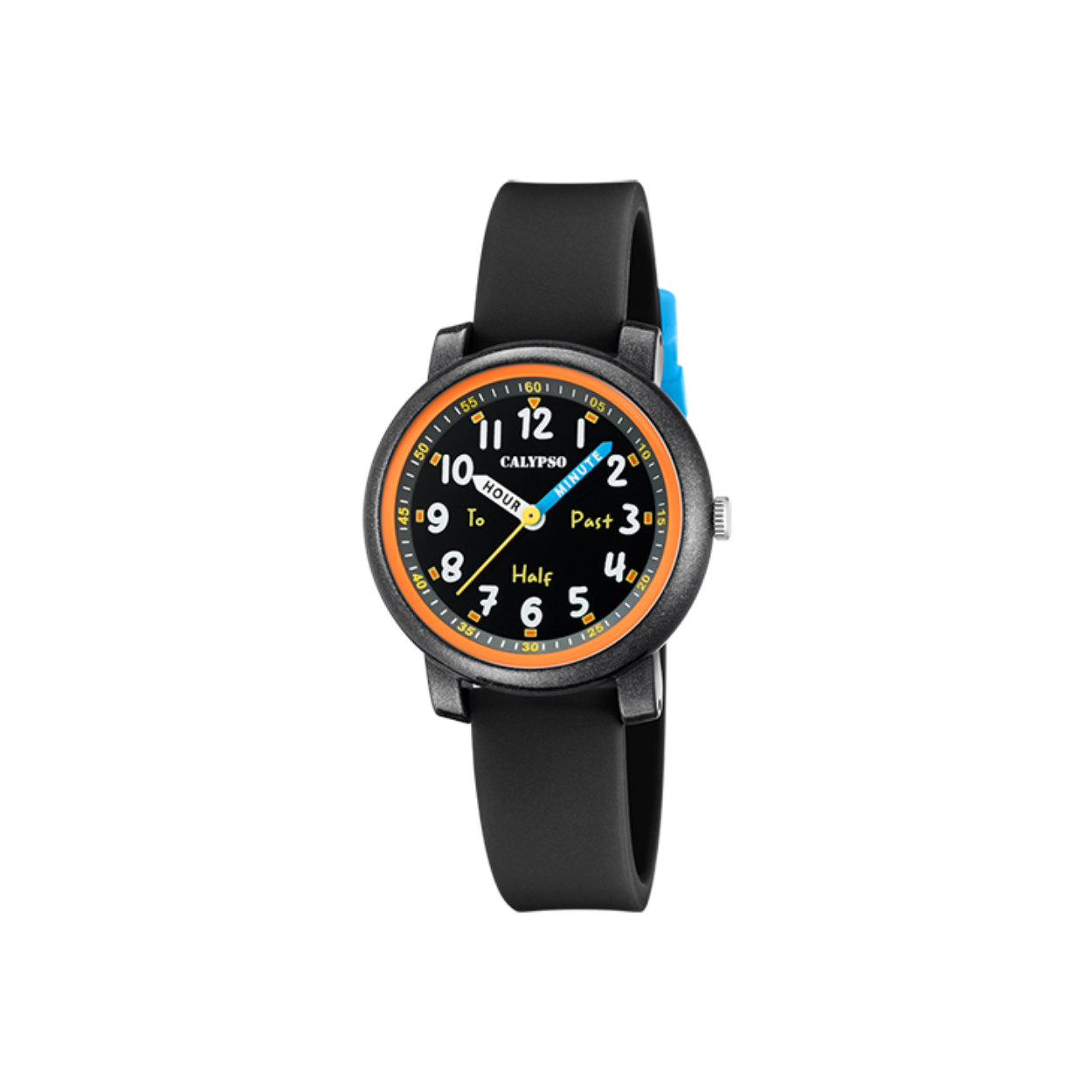 Een stoer kinderhorloge waarmee ze nooit meer te laat komen!
Kunststof kast met een rubber band en aangeduid met arabische cijfers. Tot wel 5 ATM waterdicht.