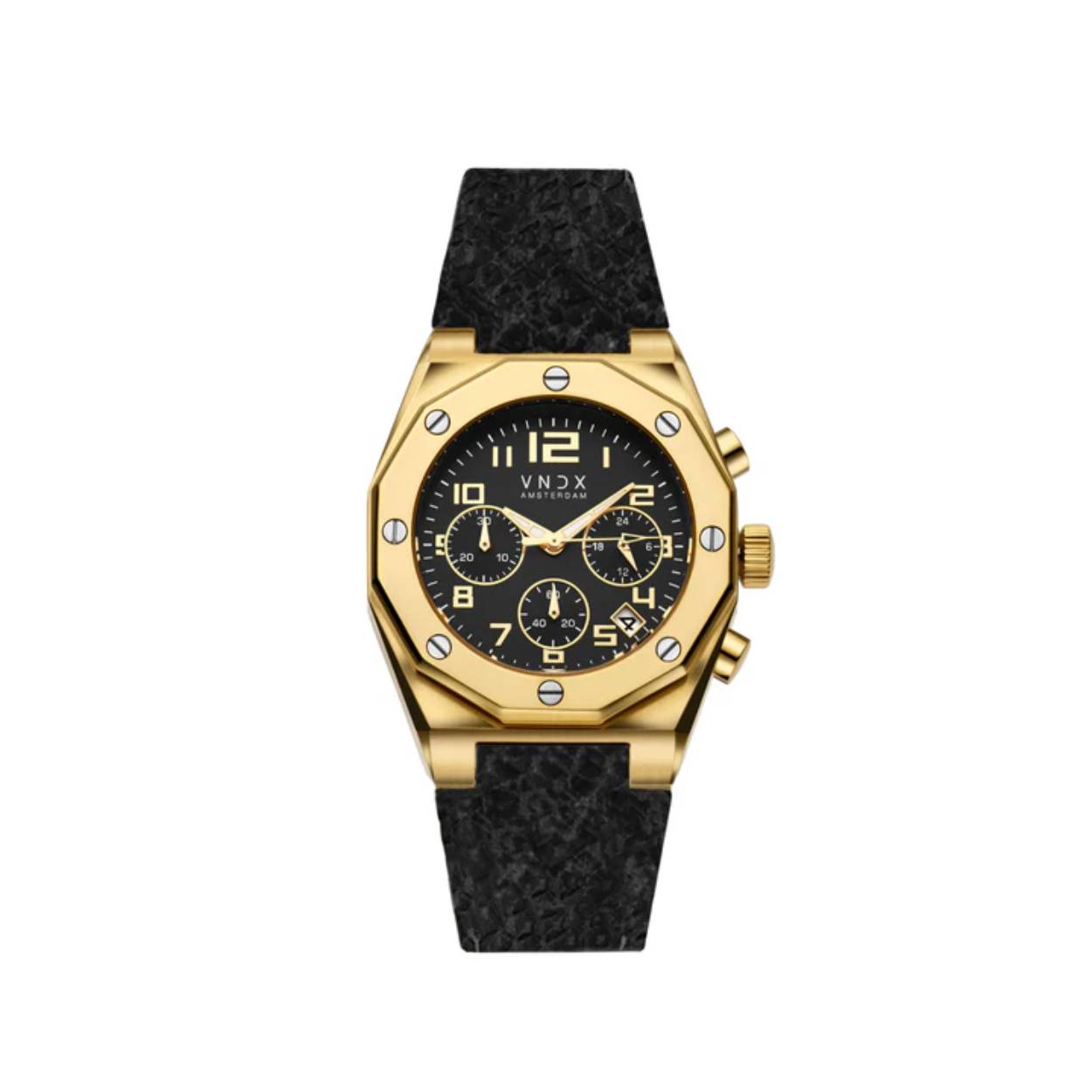 Maak een statement met The One Snake Zwart Goud van VNDX Amsterdam. Dit horloge combineert tijdloze elegantie met hoogwaardige materialen, luxe details en een opvallende leren band met snakeprint. De gouden kast en de verfijnde zwarte wijzerplaat vormen een perfecte balans tussen stijl en eenvoud, terwijl de unieke band een gedurfde en moderne twist toevoegt. Een veelzijdig horloge dat zowel dagelijks als bij speciale gelegenheden indruk maakt.

Waarom je The One moet hebben:

Krasbestendig saffierglas: Altijd een heldere wijzerplaat, zelfs bij dagelijks gebruik.
Lichtgevende wijzers: Voor zichtbaarheid, zelfs in het donker.
Leren band met snakeprint: Comfortabel en stijlvol, voor een onderscheidende look.
Waterdicht tot 10 ATM: Geschikt om mee de grachten in te springen.
Met The One Snake Zwart Goud draag je niet alleen de tijd, maar maak je een statement van luxe, stijl en karakter. Voeg dit iconische horloge vandaag nog toe aan je collectie!