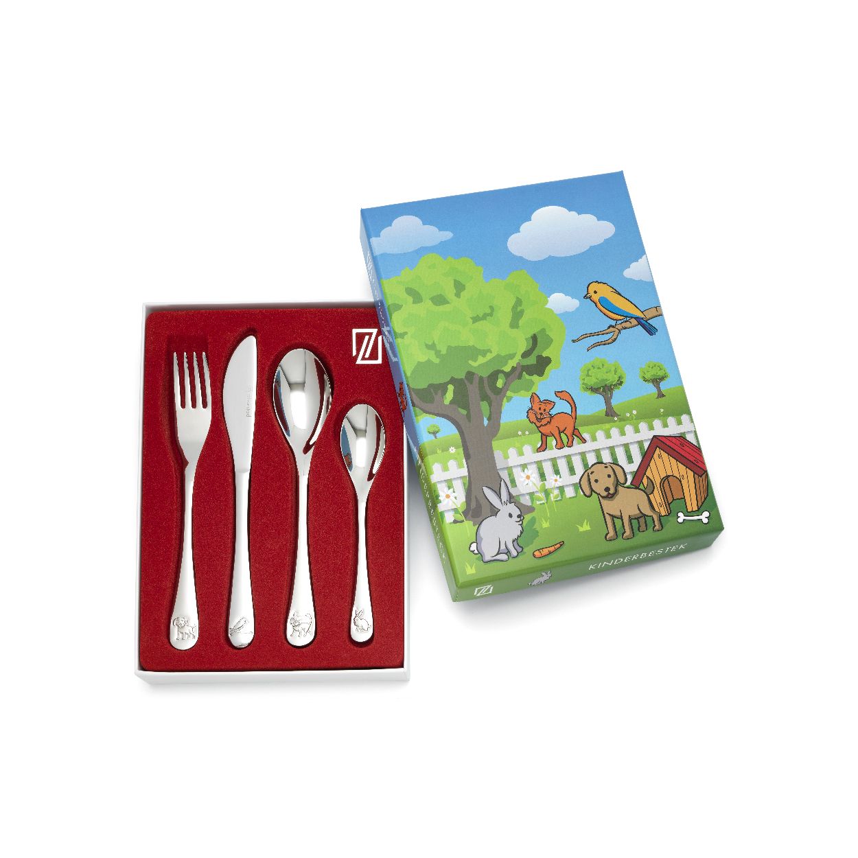 Kinderbestek 4-delig huisdieren.
4-delig bestek set, gemaakt van edelstaal, vaatwasser bestendig.