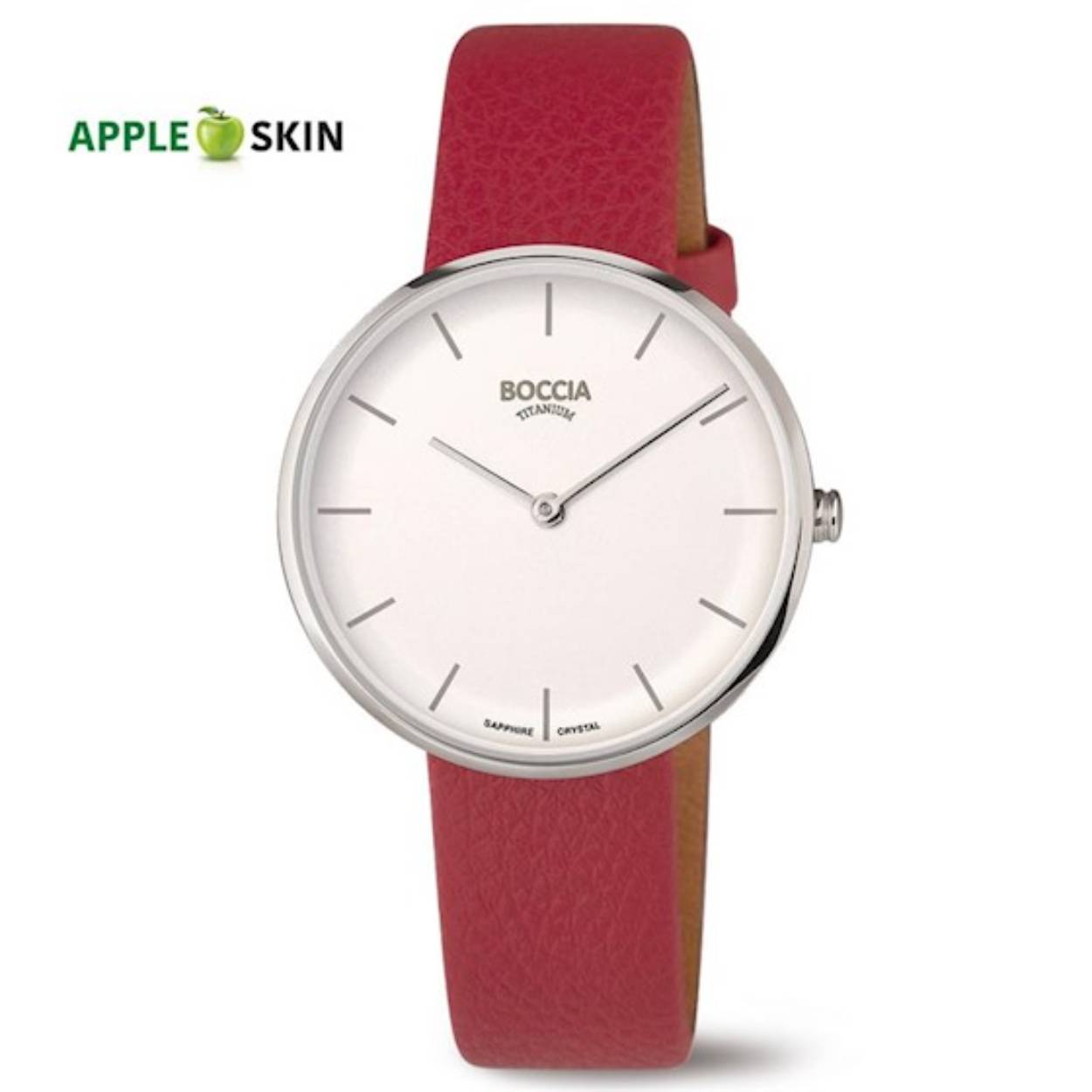 Dit dameshorloge is van het merk Boccia. Het is een analoog horloge met een lederen band.  De horlogeband is gemaakt van "appelpulp". Dit is een biologisch alternatief voor leer, 100% veganistisch. De diameter van de kast is 35 mm.